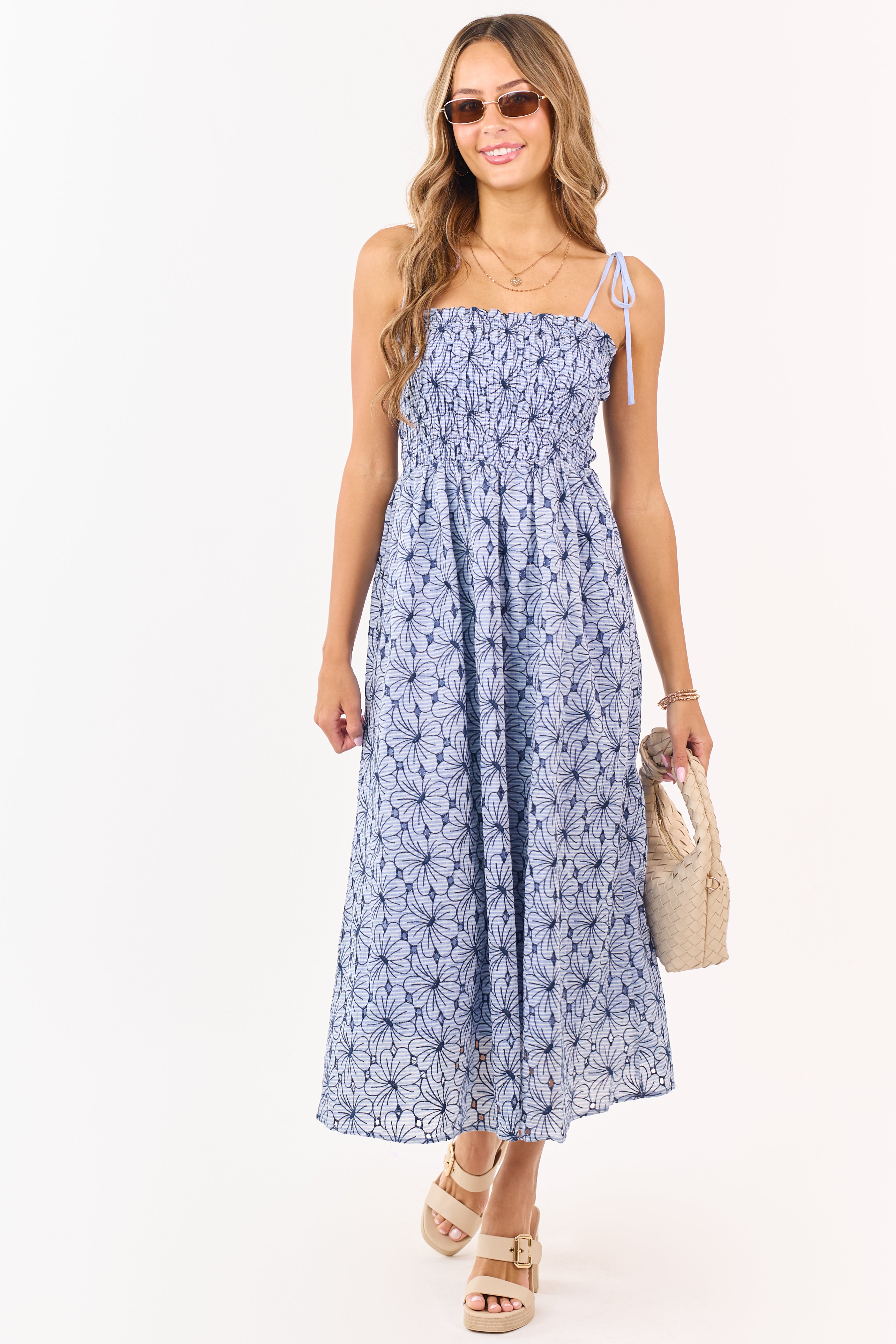 Dusty Blue Floral Cotton Smocked Maxi Dress