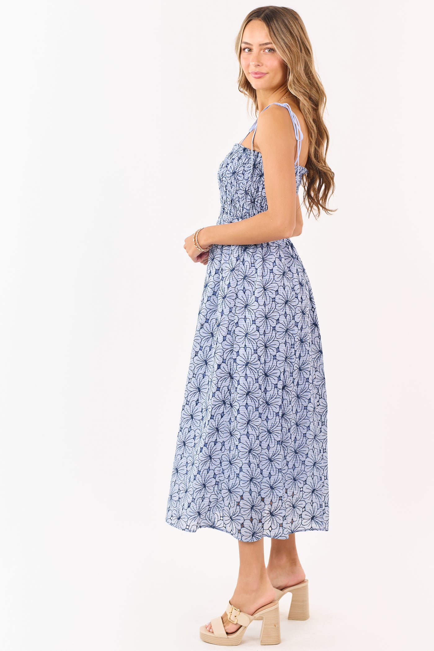 Dusty Blue Floral Cotton Smocked Maxi Dress