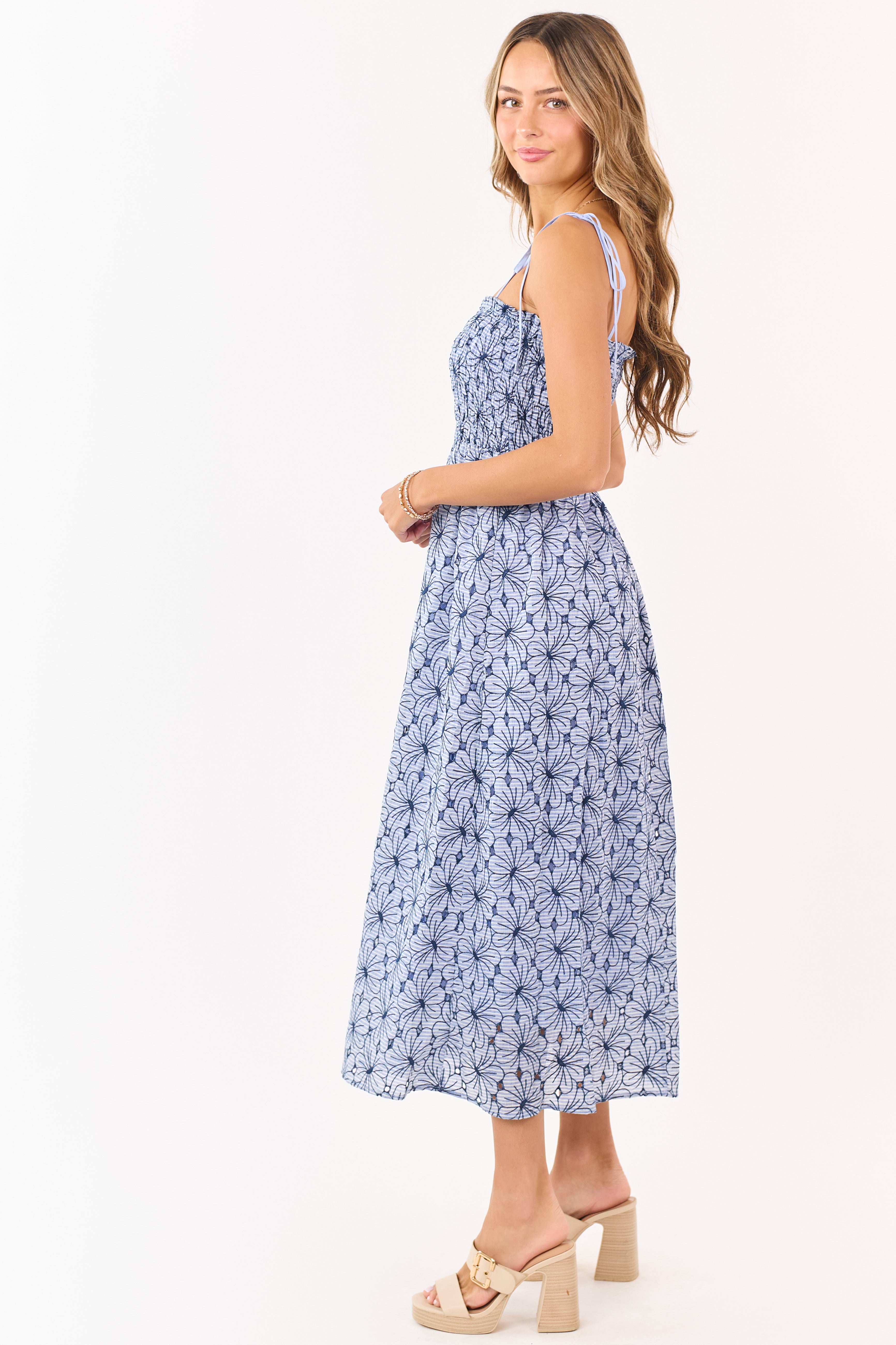 Dusty Blue Floral Cotton Smocked Maxi Dress