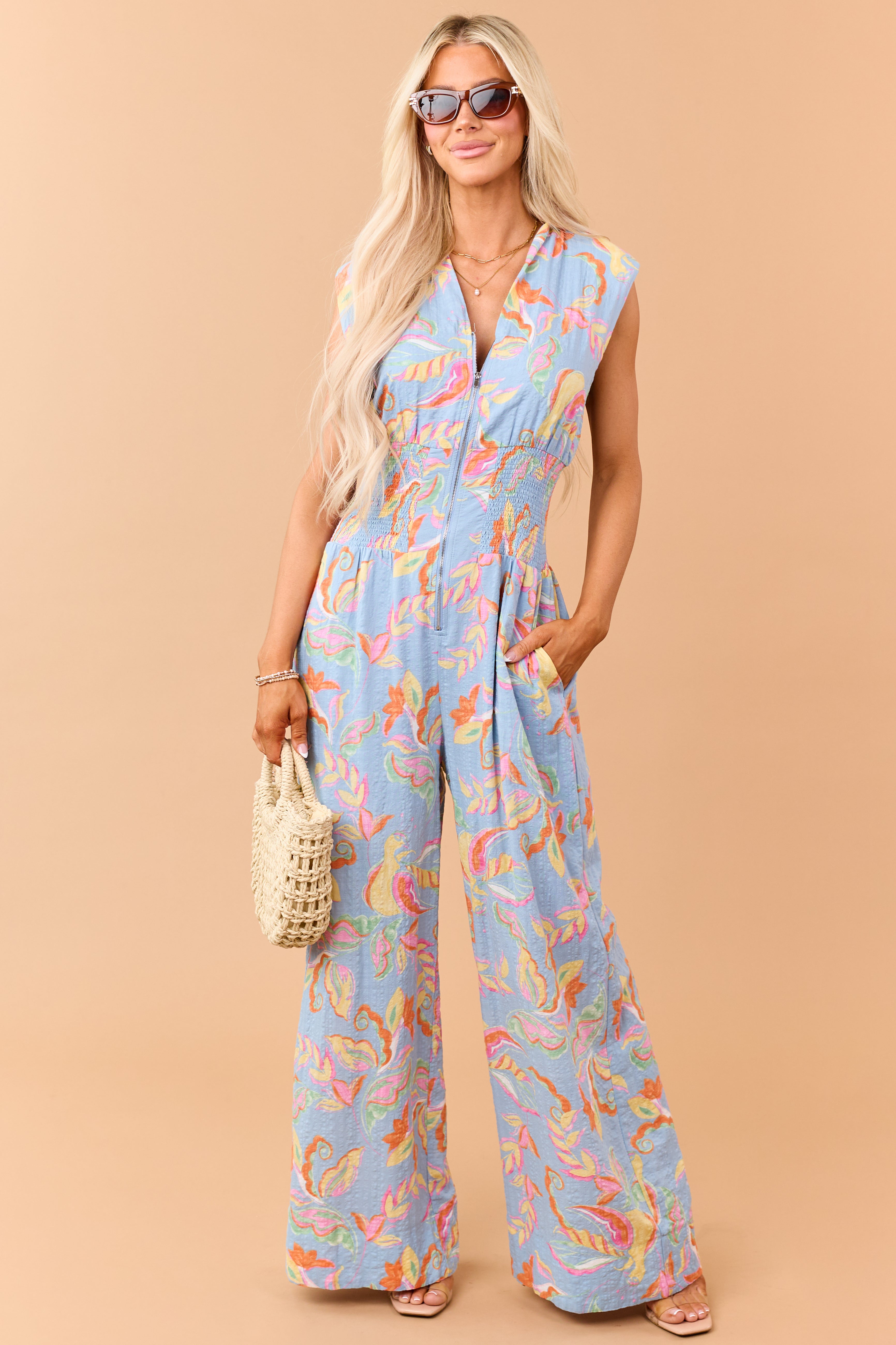Dusty Blue Floral Zip Up Smocked Waist Jumpsuit | Lime Lush Boutique