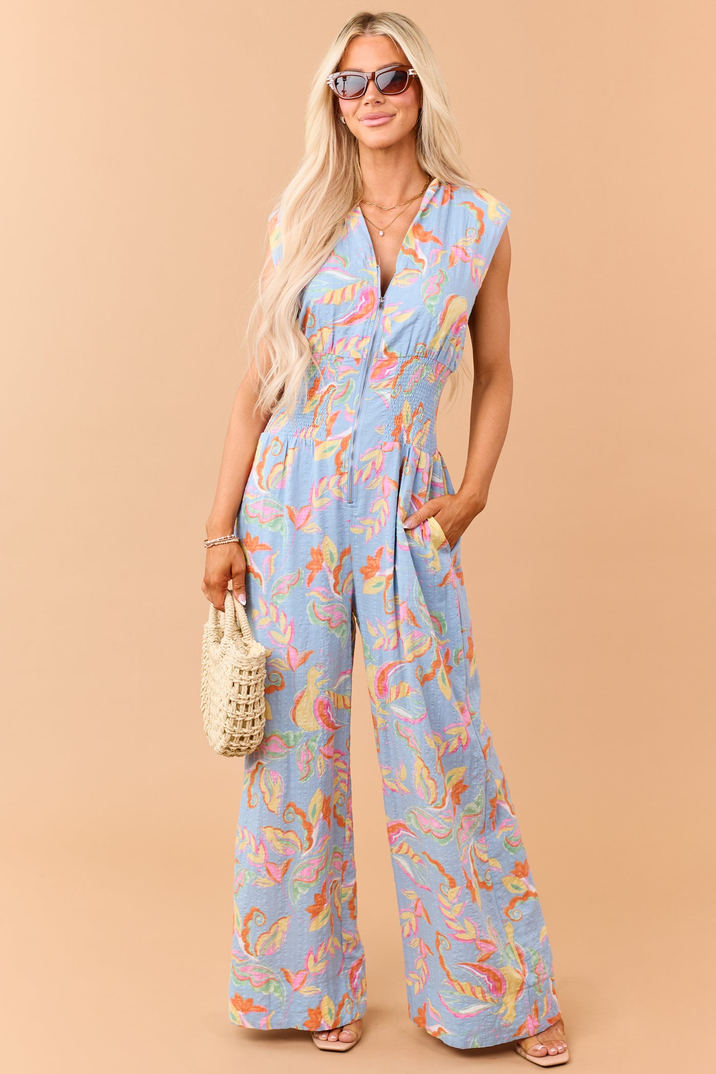 Dusty Blue Floral Zip Up Smocked Waist Jumpsuit