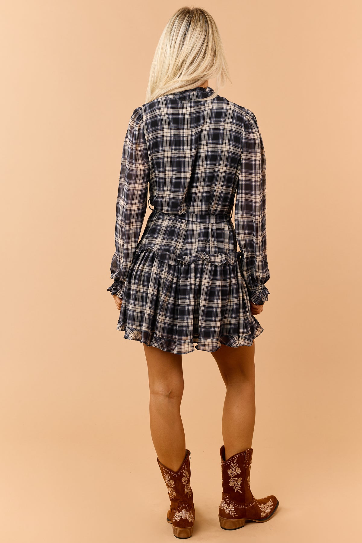 Dusty Blue Plaid Ruffled Waist Tie Mini Dress