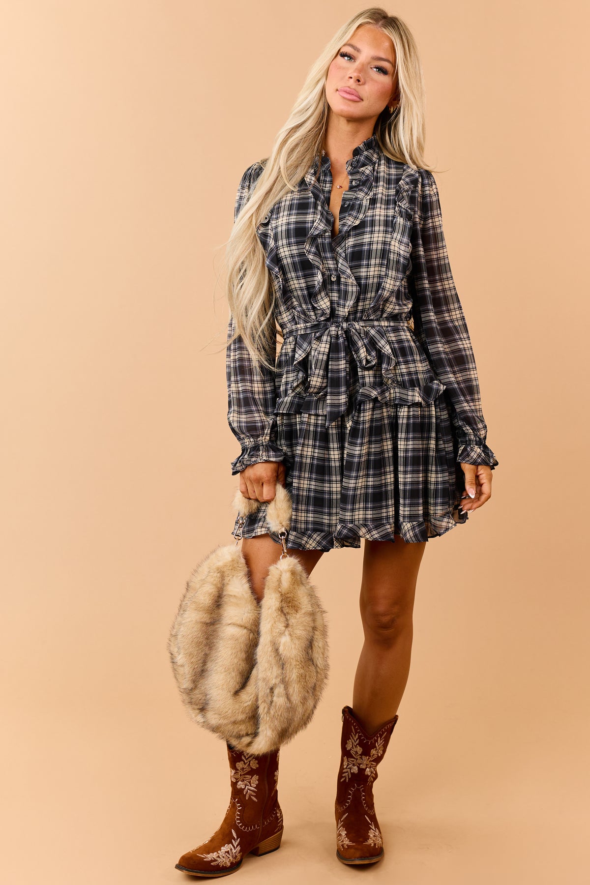Dusty Blue Plaid Ruffled Waist Tie Mini Dress