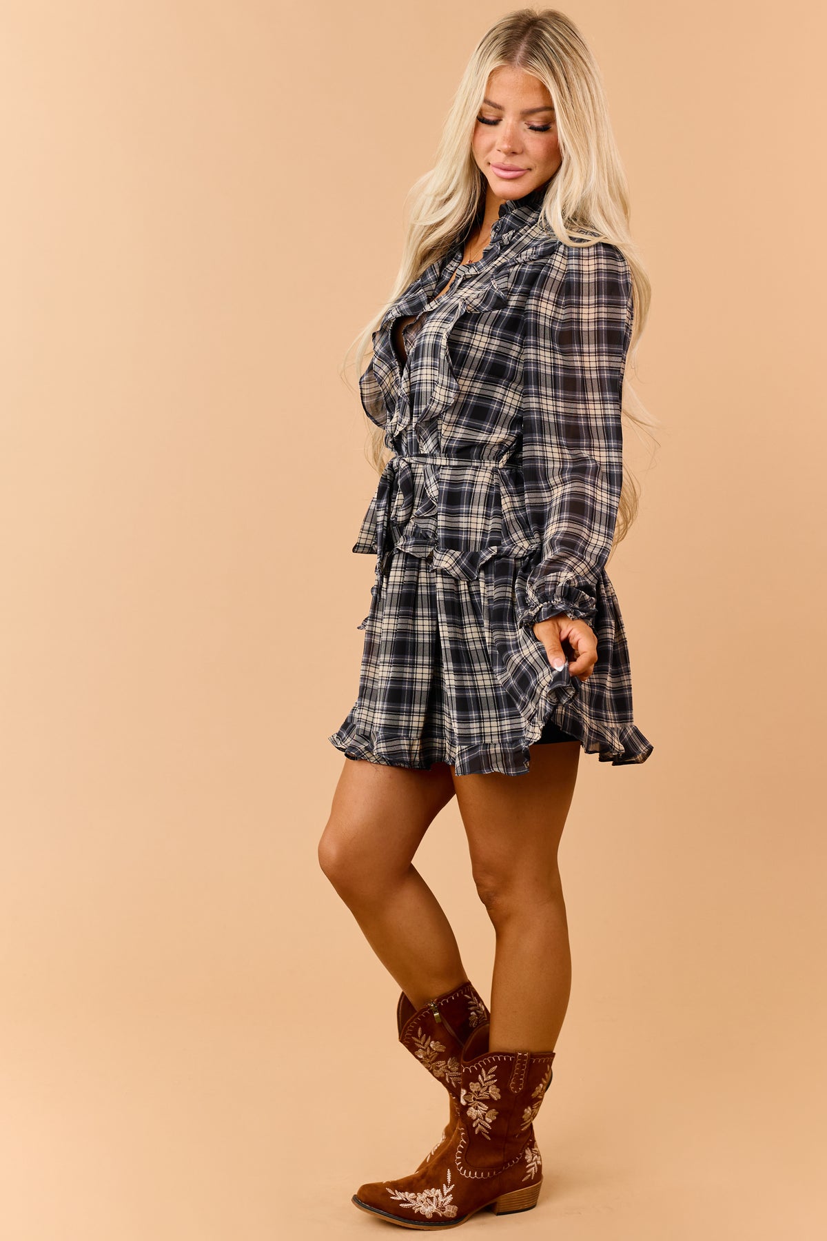 Dusty Blue Plaid Ruffled Waist Tie Mini Dress