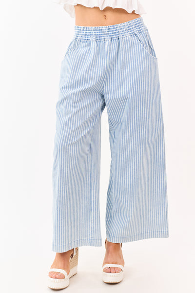 Dusty Blue Railroad Striped Elastic Waist Wide Pants