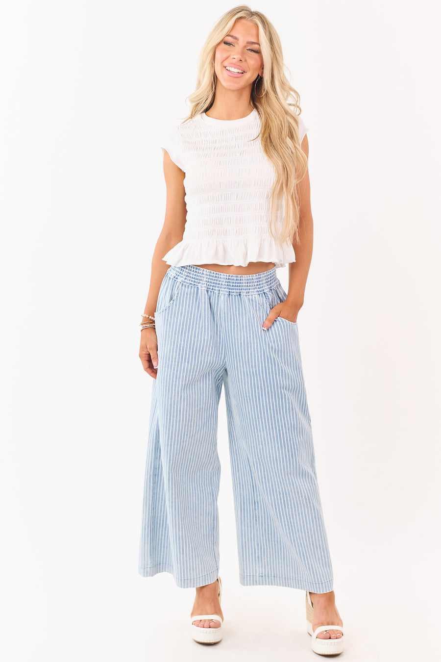 Dusty Blue Railroad Striped Elastic Waist Wide Pants