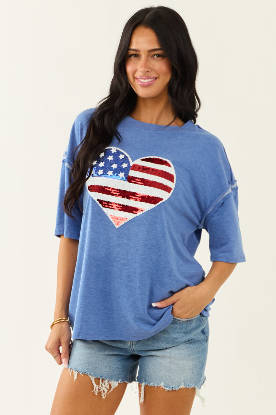 Dusty Blue Sequined Heart Flag Half Sleeve Knit Top