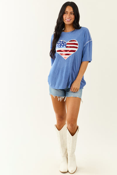 Dusty Blue Sequined Heart Flag Half Sleeve Knit Top