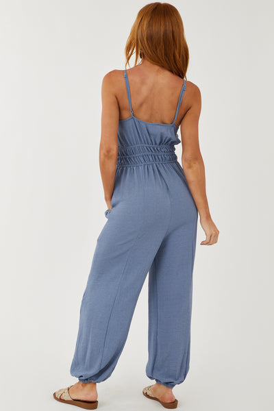 Dusty Blue Sleeveless Woven Jumpsuit with Pockets