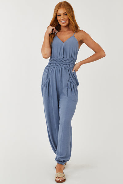 Dusty Blue Sleeveless Woven Jumpsuit with Pockets