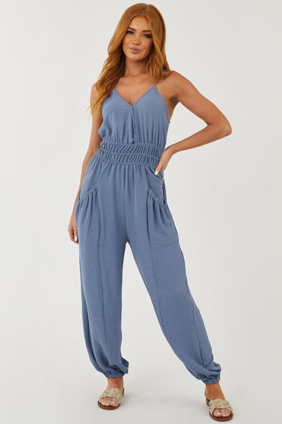 Dusty Blue Sleeveless Woven Jumpsuit with Pockets