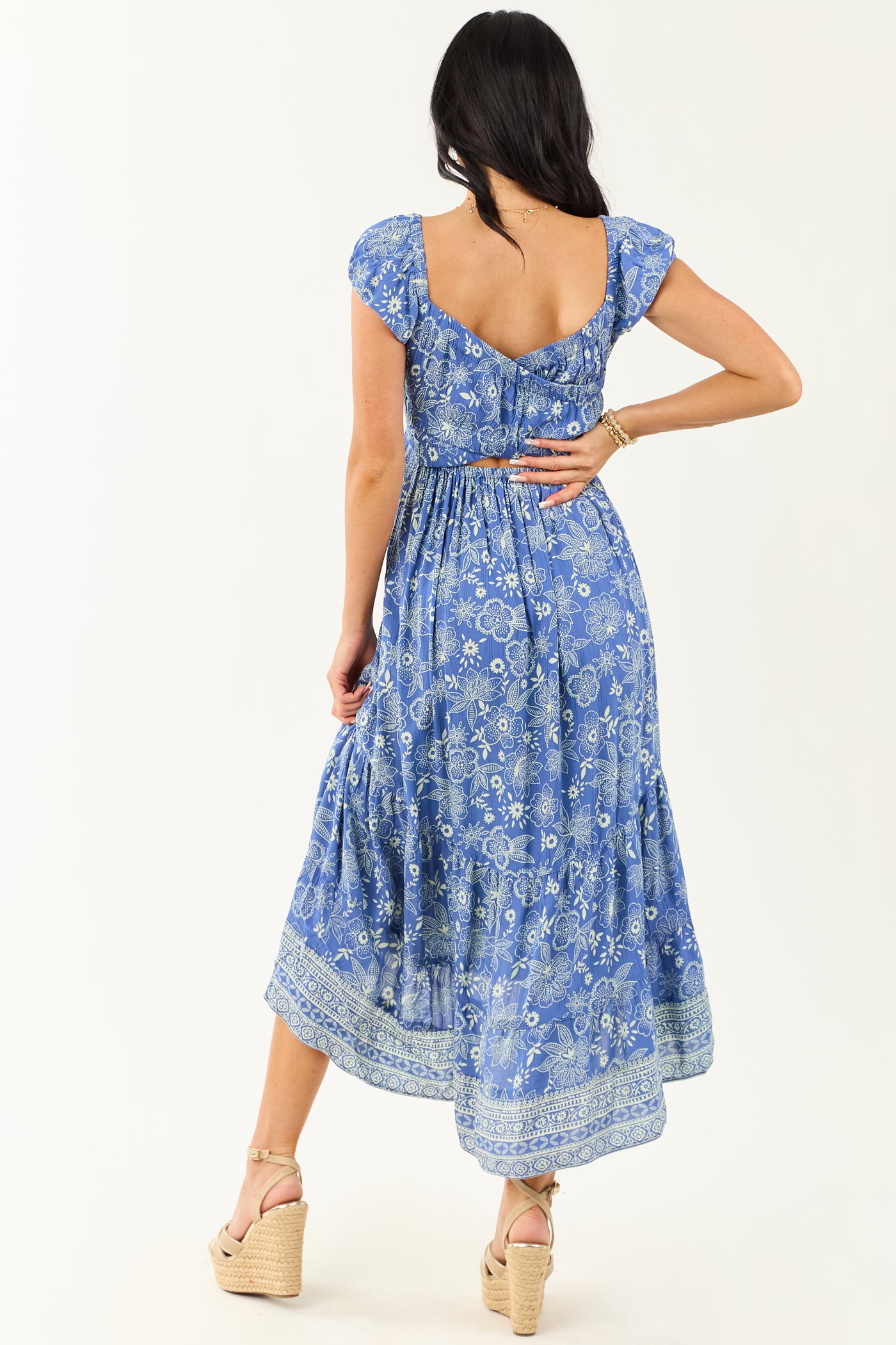Dusty Blue Smocked Bust Floral Cap Sleeve Midi Dress