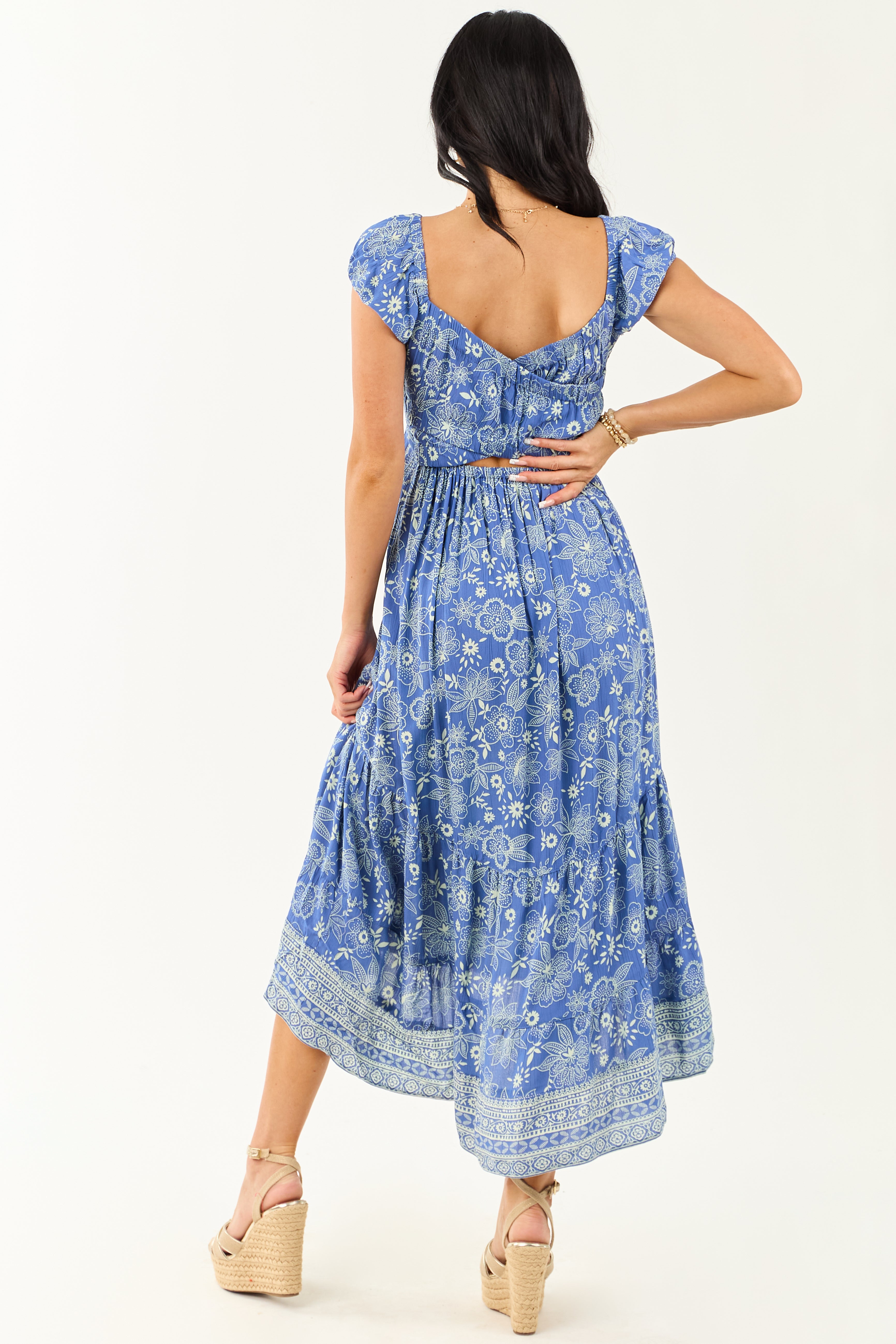 Dusty Blue Smocked Bust Floral Cap Sleeve Midi Dress