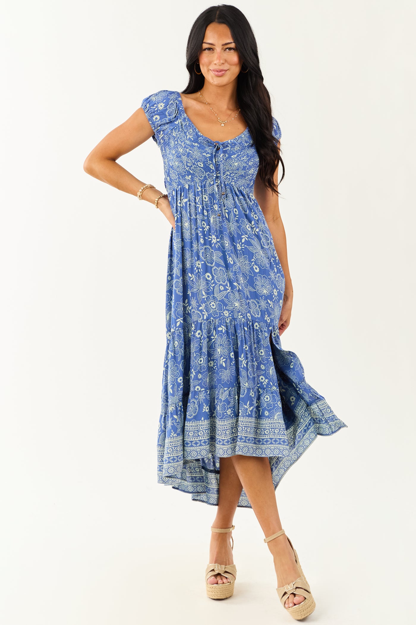 Dusty Blue Smocked Bust Floral Cap Sleeve Midi Dress