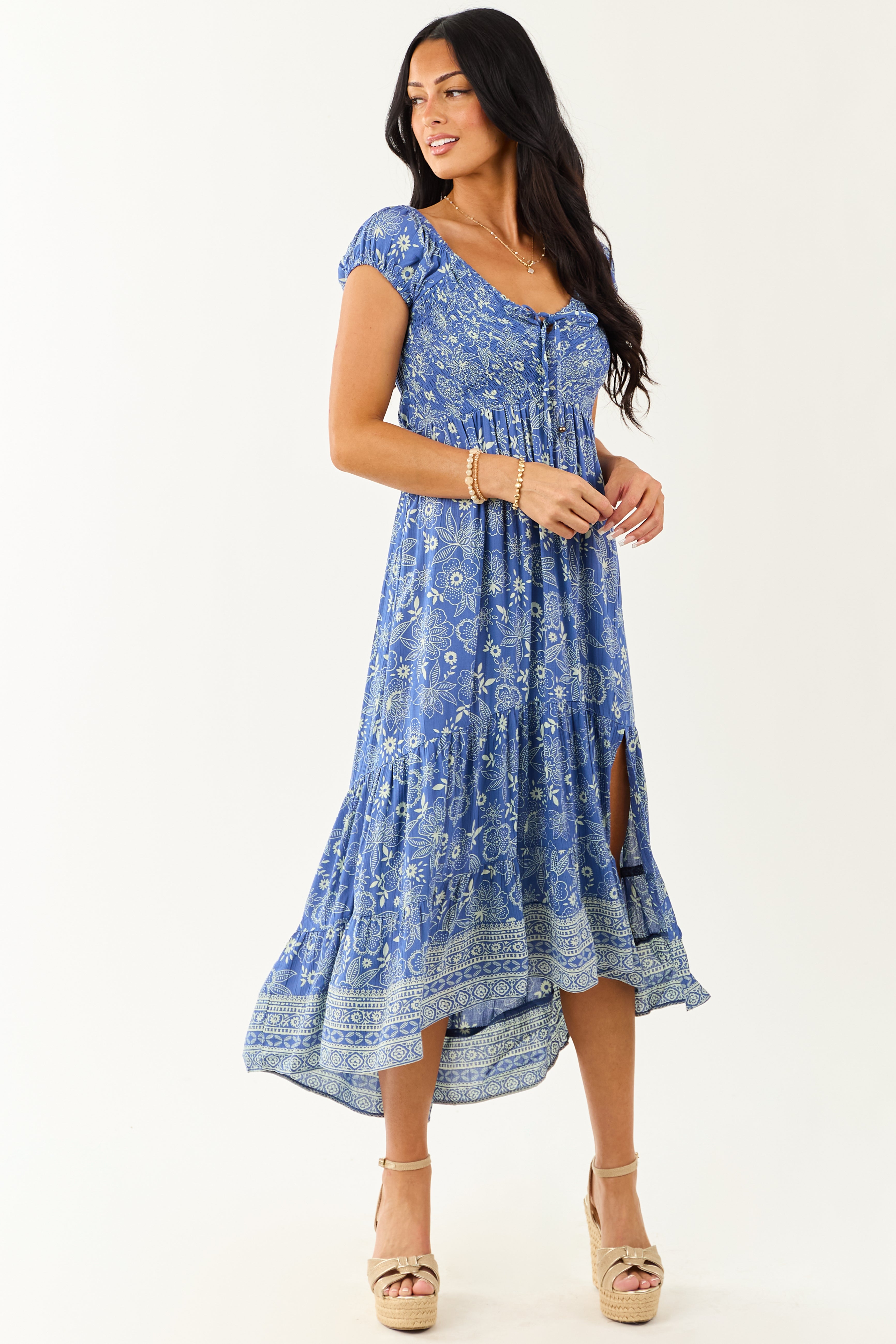 Dusty Blue Smocked Bust Floral Cap Sleeve Midi Dress