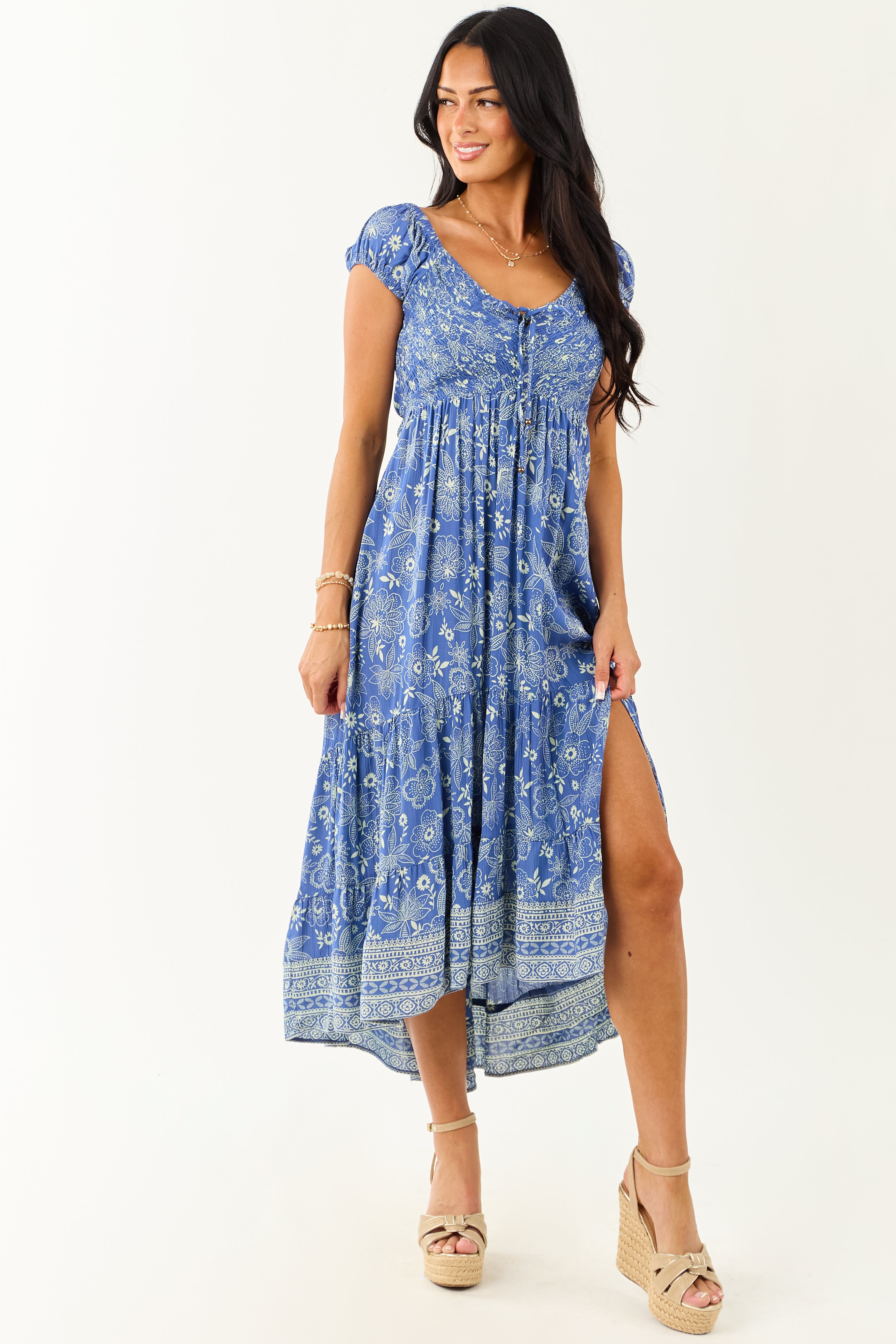 Dusty Blue Smocked Bust Floral Cap Sleeve Midi Dress