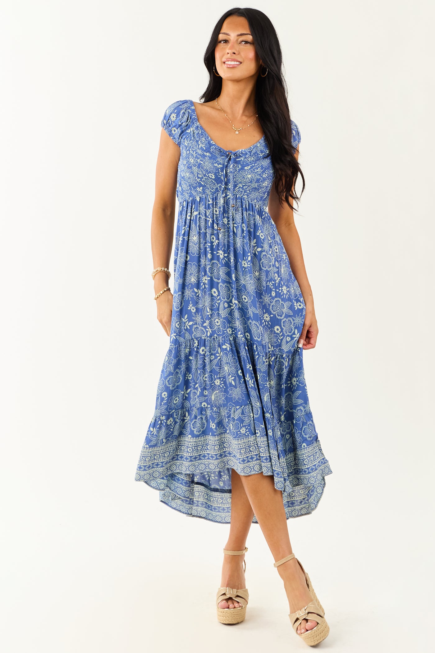 Dusty Blue Smocked Bust Floral Cap Sleeve Midi Dress