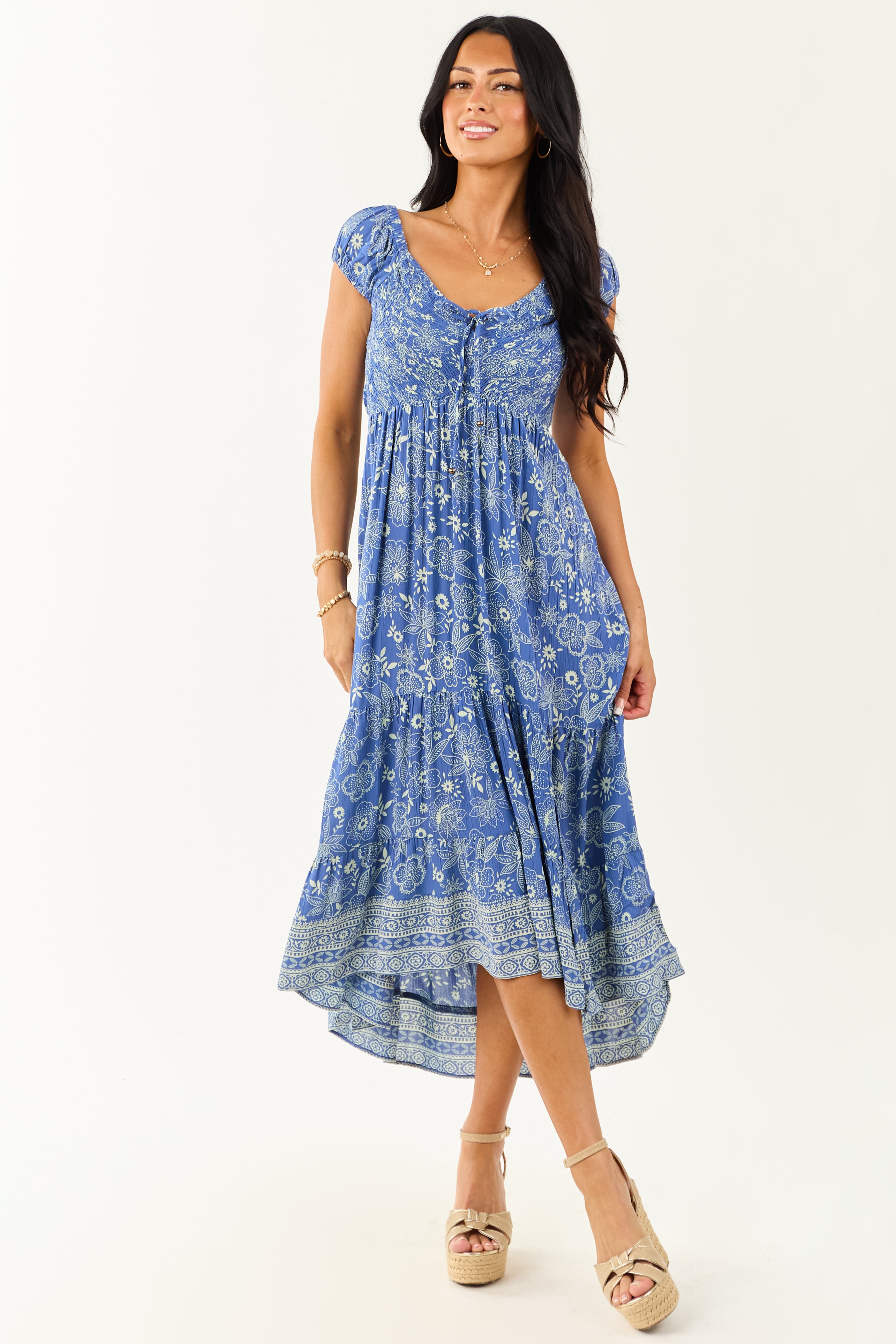 Dusty Blue Smocked Bust Floral Cap Sleeve Midi Dress