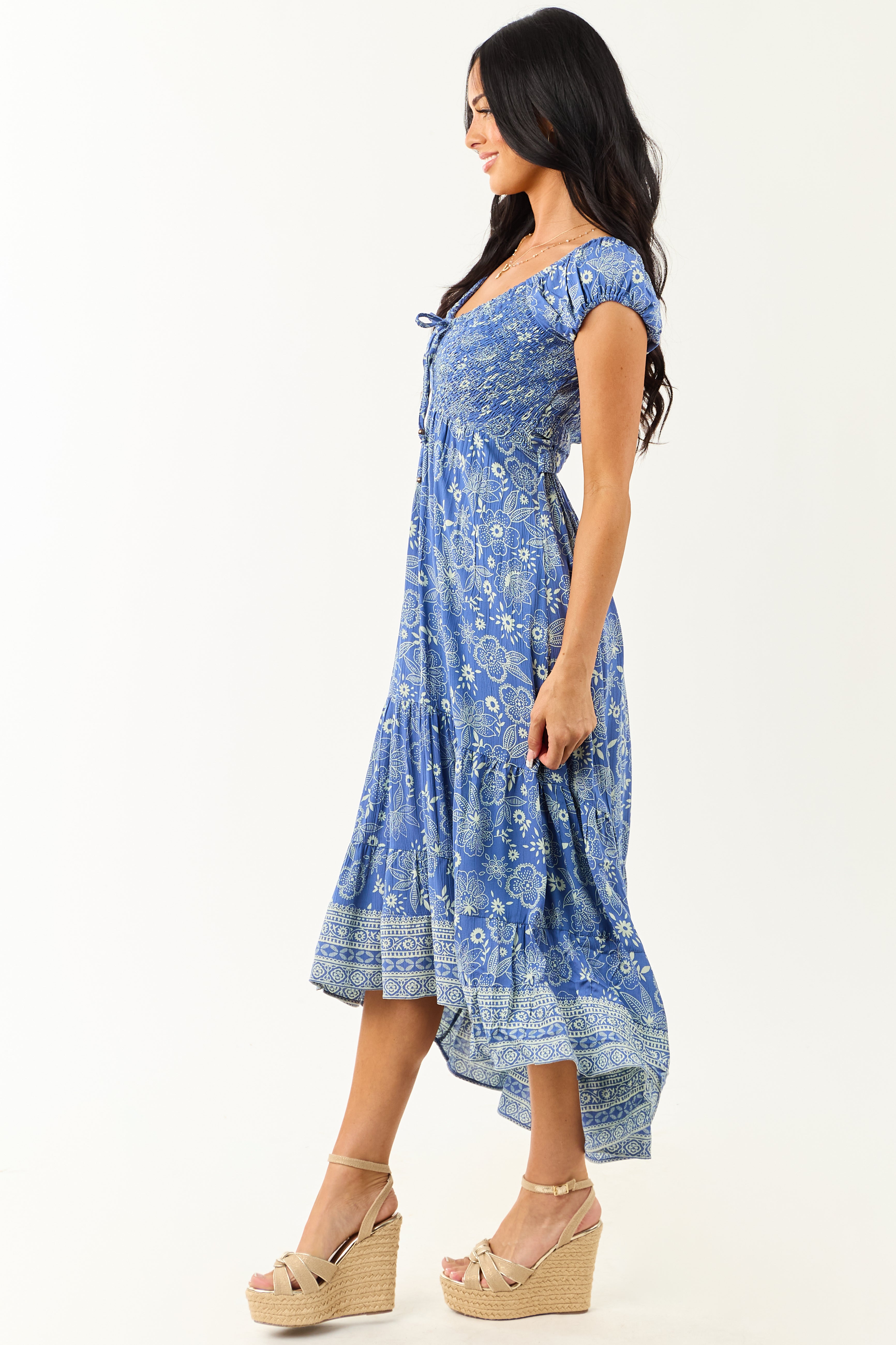 Dusty Blue Smocked Bust Floral Cap Sleeve Midi Dress