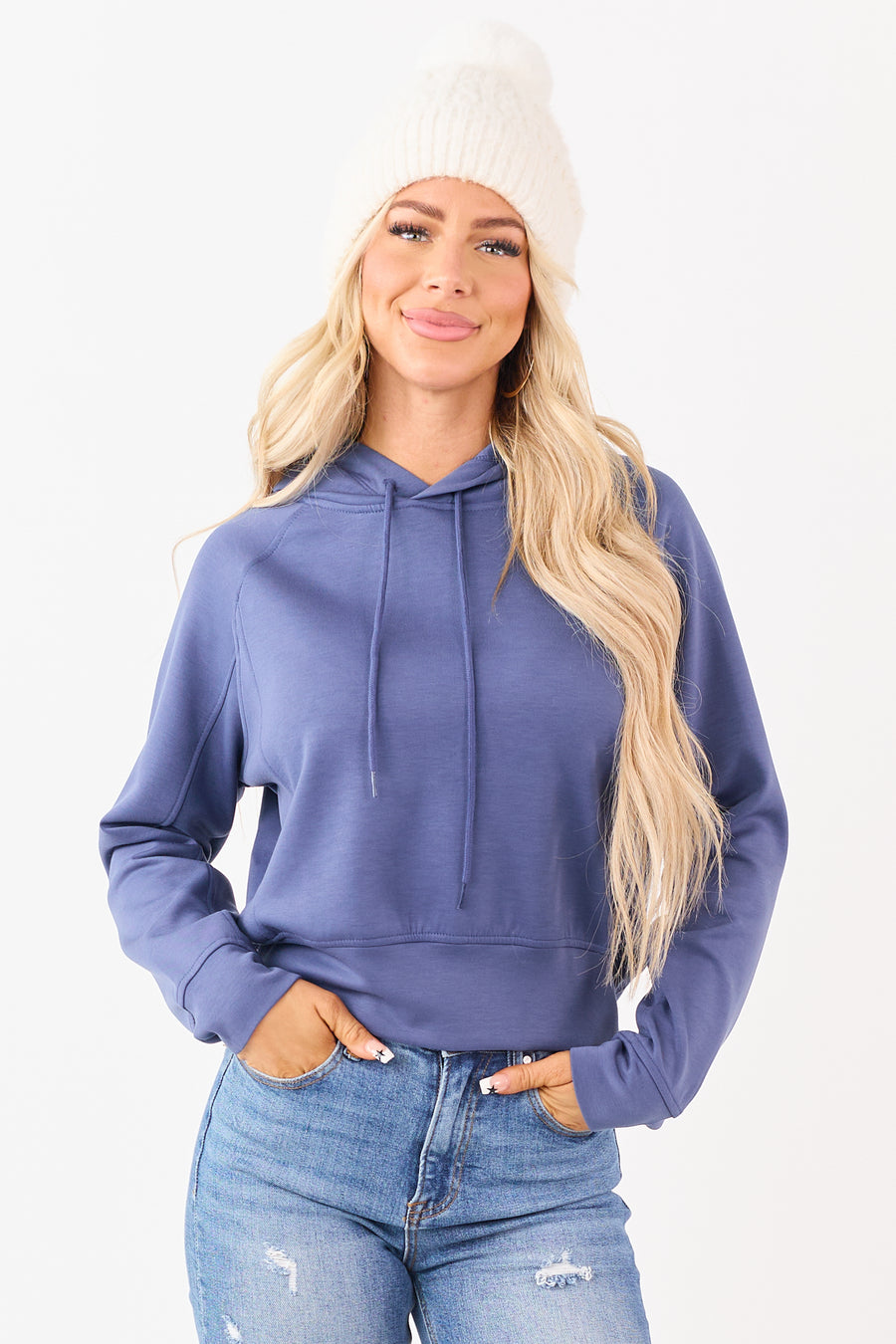 Dusty Blue Soft Scuba Knit Drawstring Hoodie