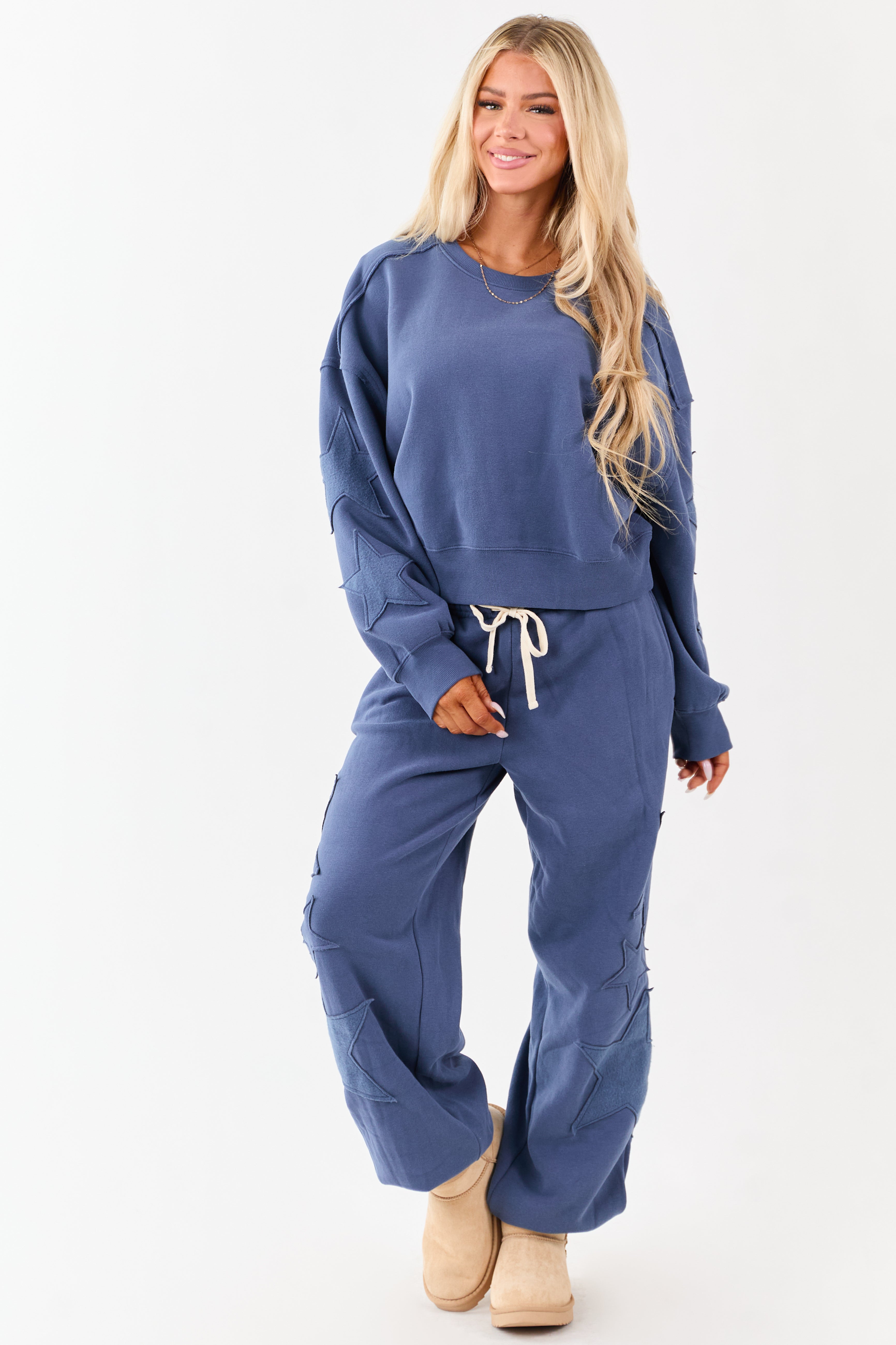 Dusty Blue Star Patch Drawstring Jogger Sweatpants