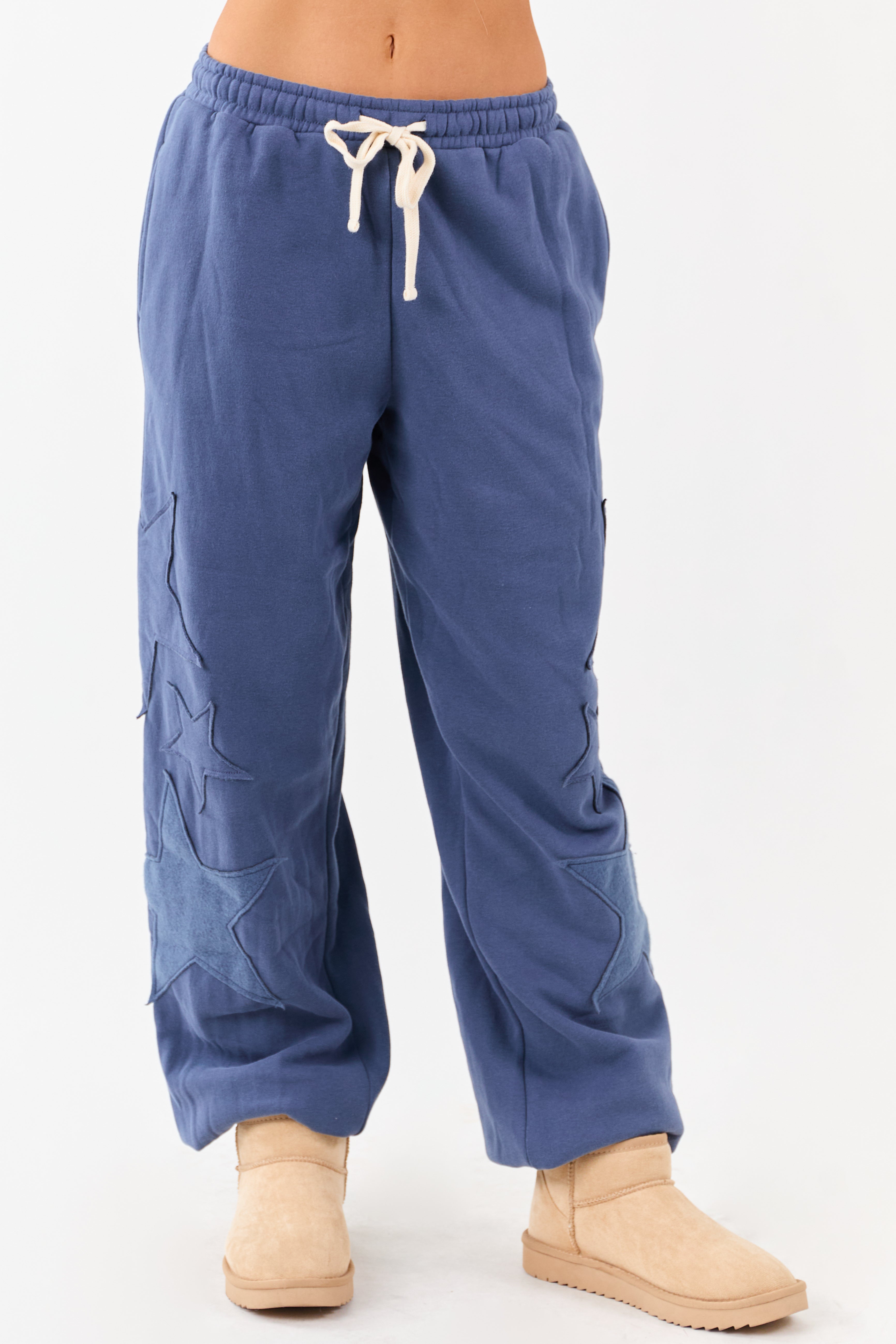 Dusty Blue Star Patch Drawstring Jogger Sweatpants