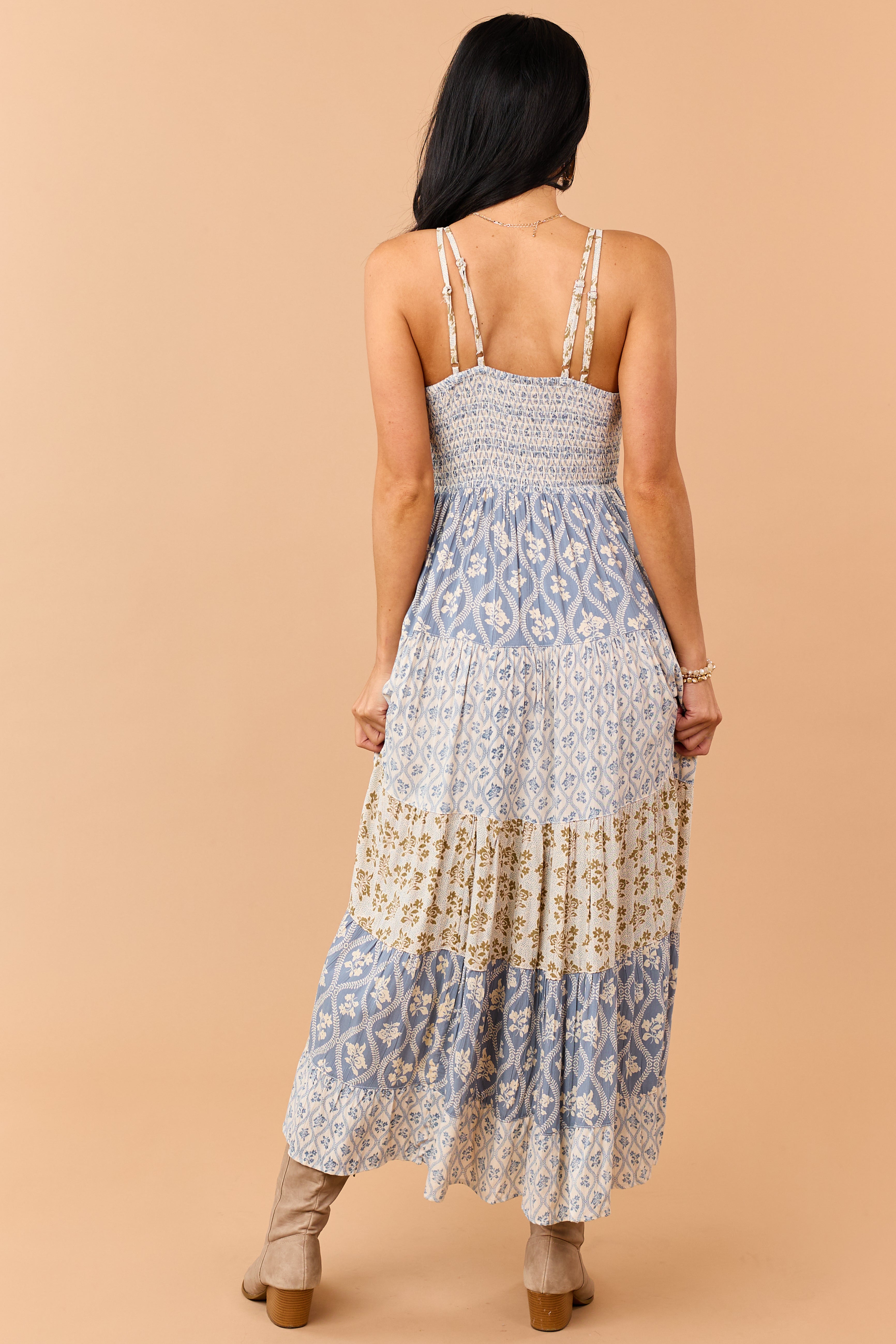 Dusty Blue Tiered Floral Print Lace Waist Maxi Dress Dusty Blue Tiered Floral Print Lace Waist Maxi Dress