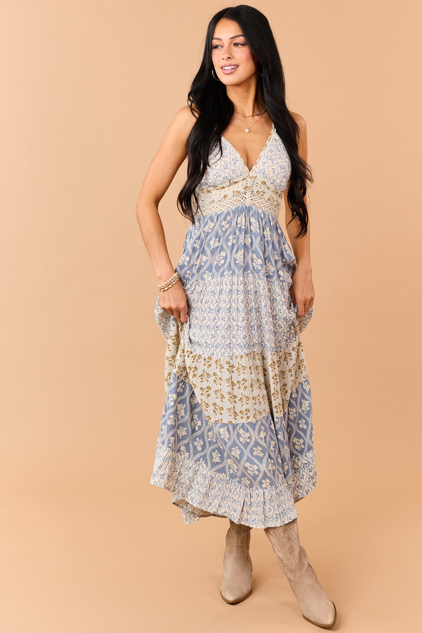 Dusty Blue Tiered Floral Print Lace Waist Maxi Dress Dusty Blue Tiered Floral Print Lace Waist Maxi Dress