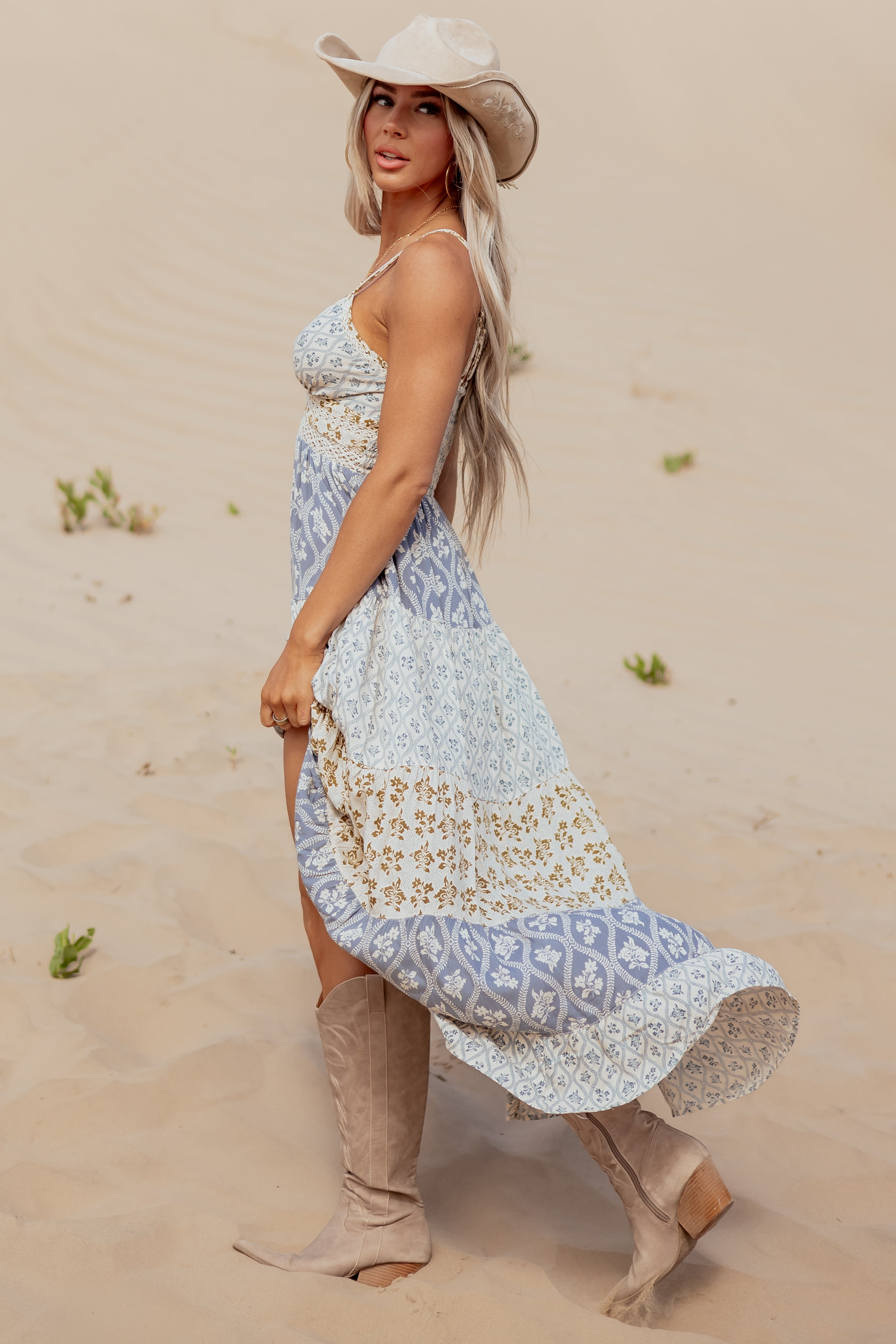 Dusty Blue Tiered Floral Print Lace Waist Maxi Dress | Lime Lush