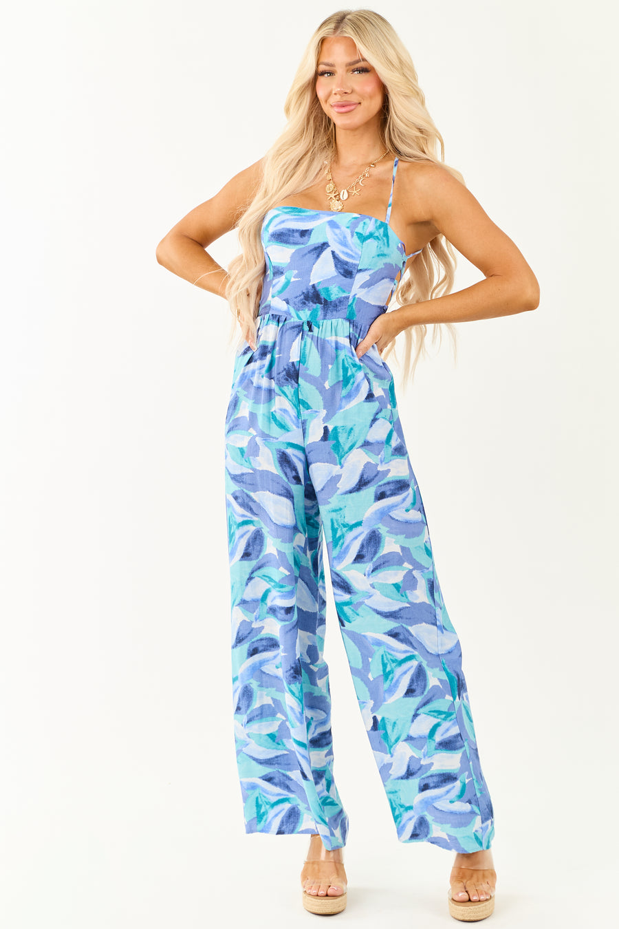 Dusty Blue Tropical Print Wide Leg Lace Up Back Jumpsuit