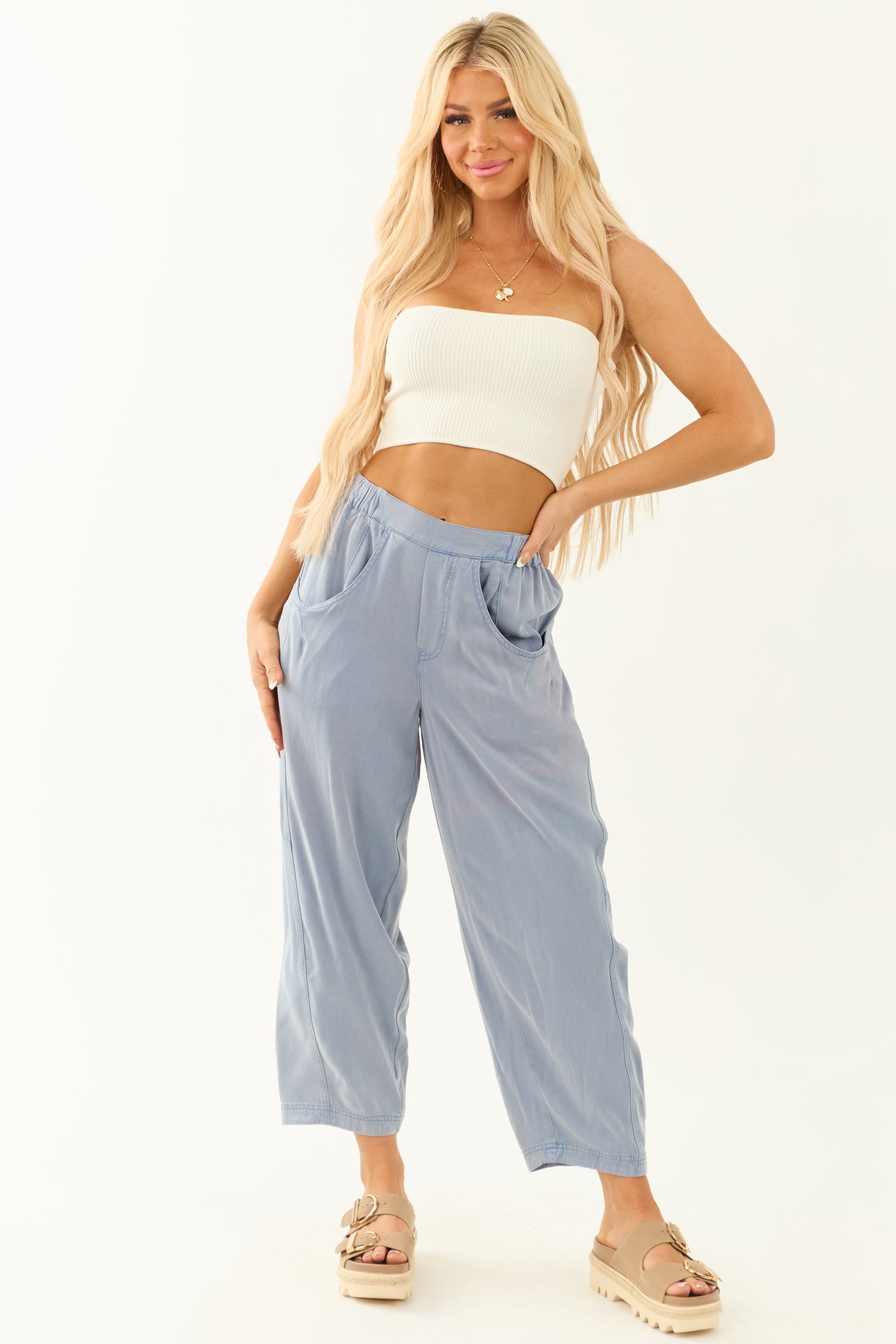 Dusty Blue Vintage Wash Soft Lightweight Barrel Pants
