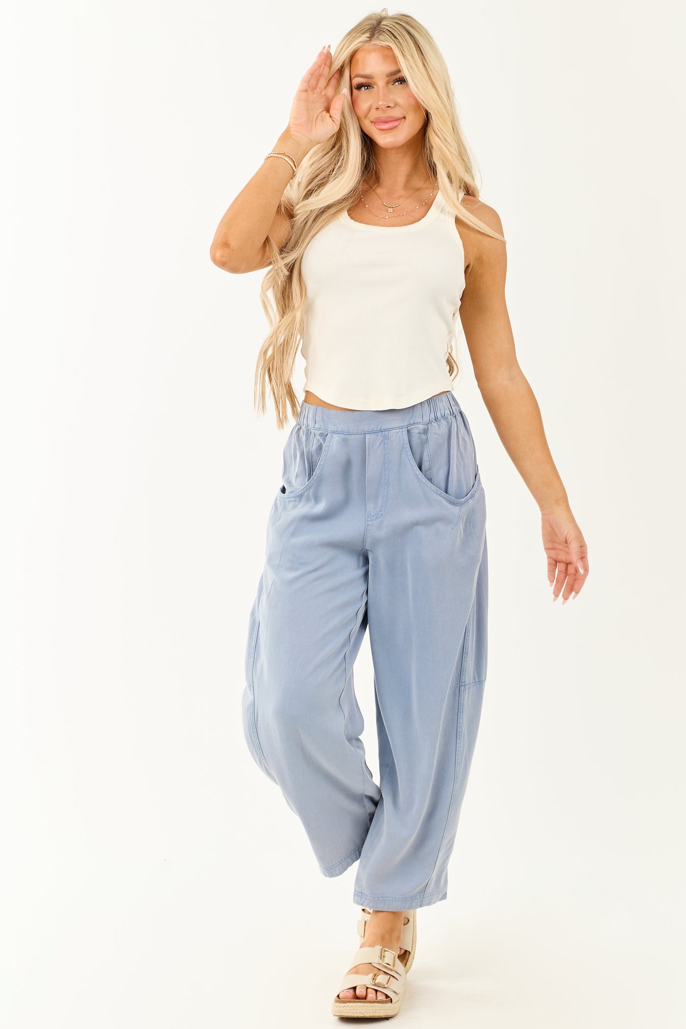 Dusty Blue Vintage Wash Soft Lightweight Barrel Pants