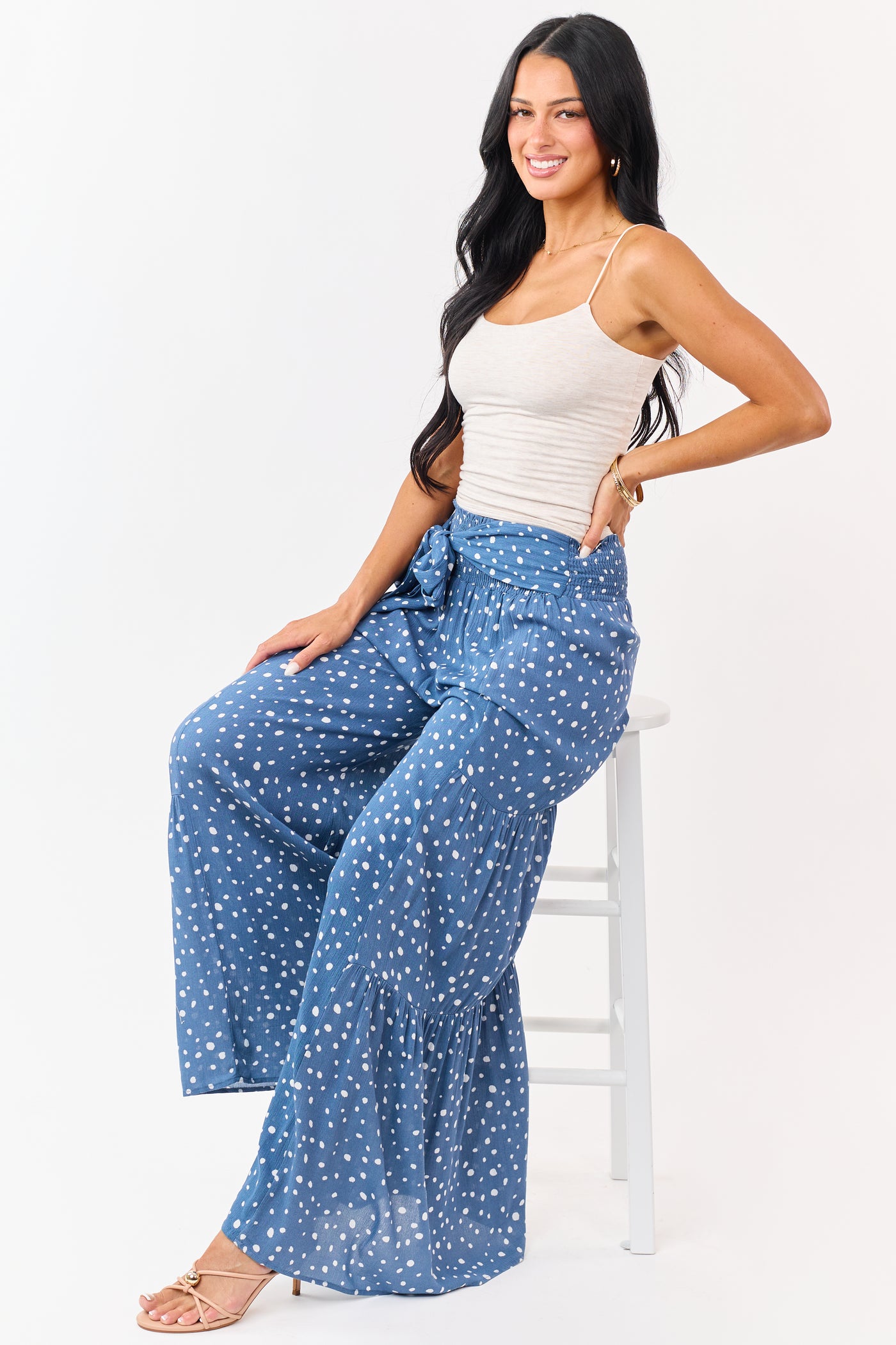 Dusty Blue and Ivory Spotted Palazzo Wide Leg Pants