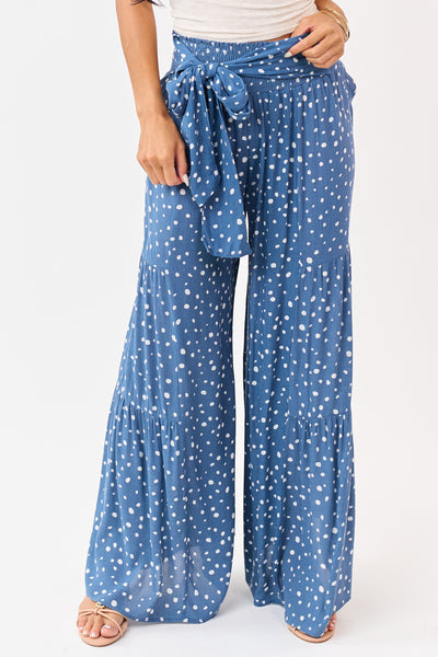 Dusty Blue and Ivory Spotted Palazzo Wide Leg Pants