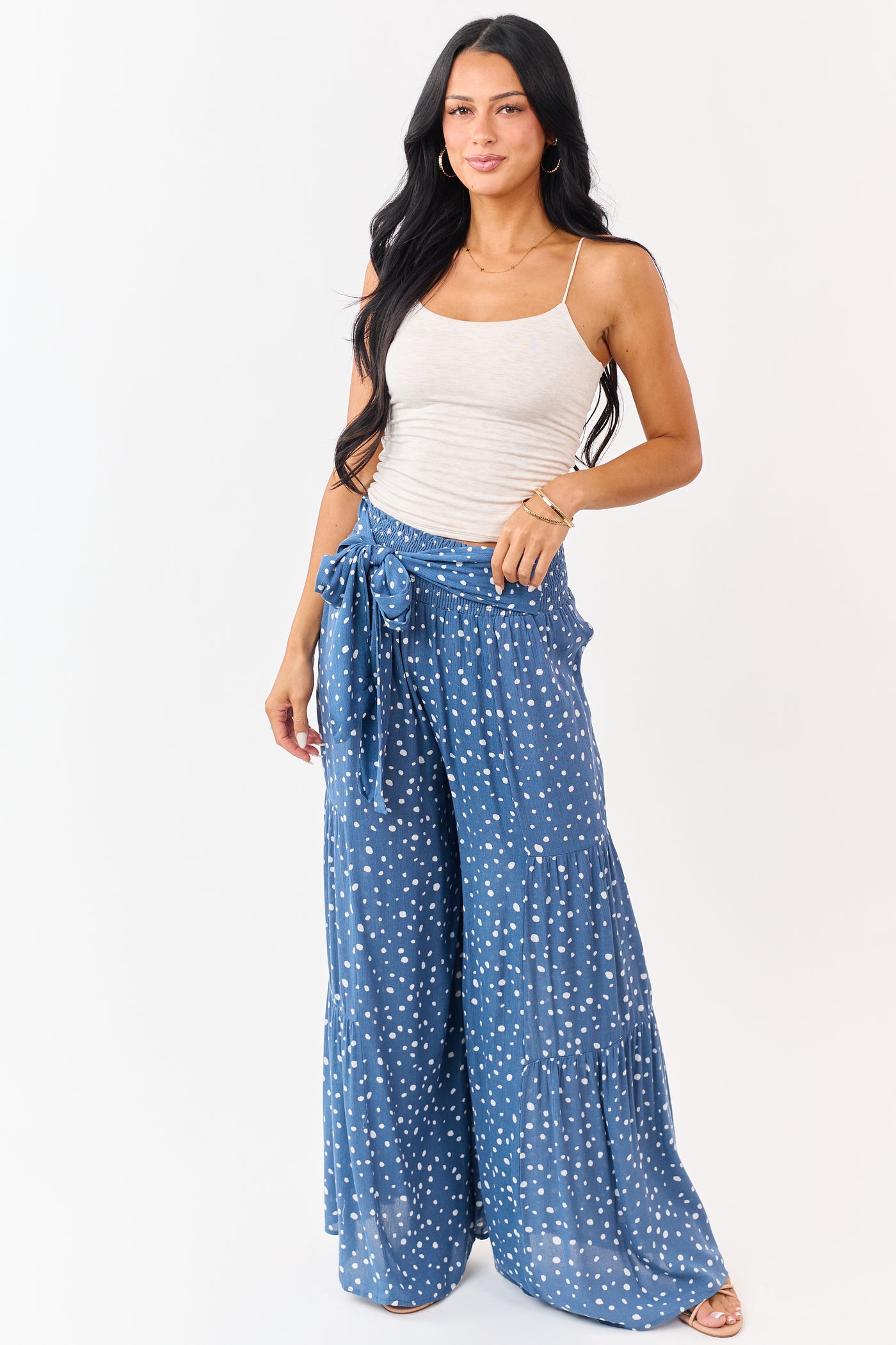 Dusty Blue and Ivory Spotted Palazzo Wide Leg Pants