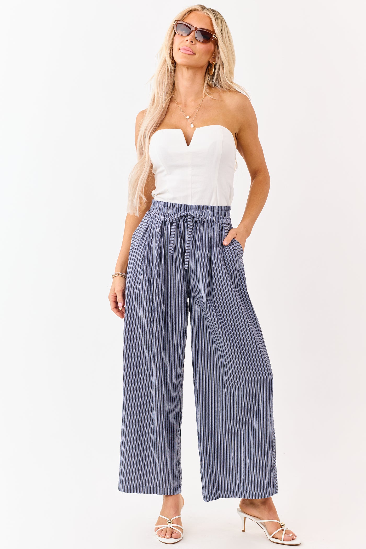 Dusty Blue and Navy Striped Wide Leg Pants