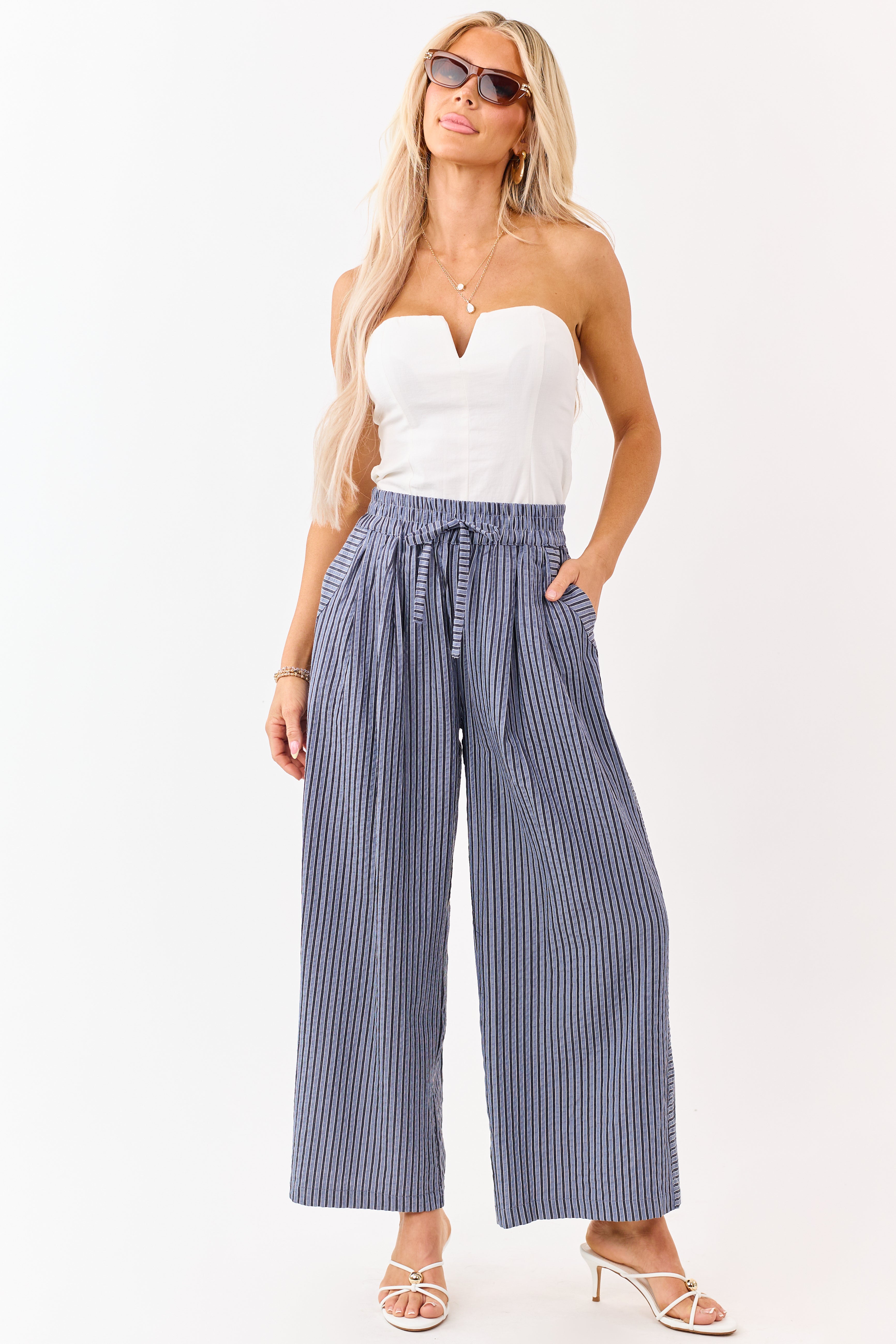 Dusty Blue and Navy Striped Wide Leg Pants