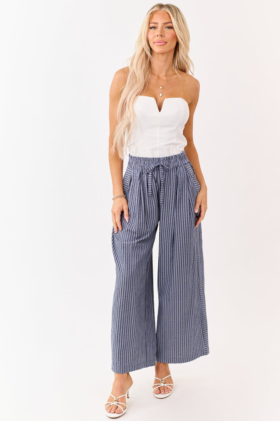 Dusty Blue and Navy Striped Wide Leg Pants