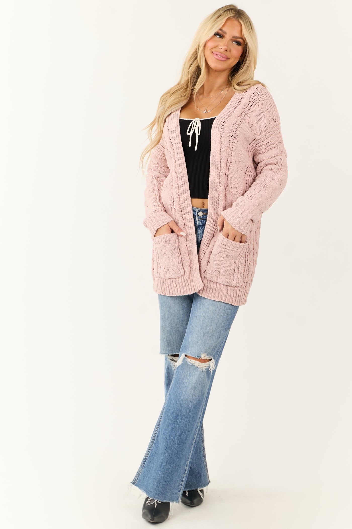 Dusty Blush Chenille Open Front Cable Knit Cardigan