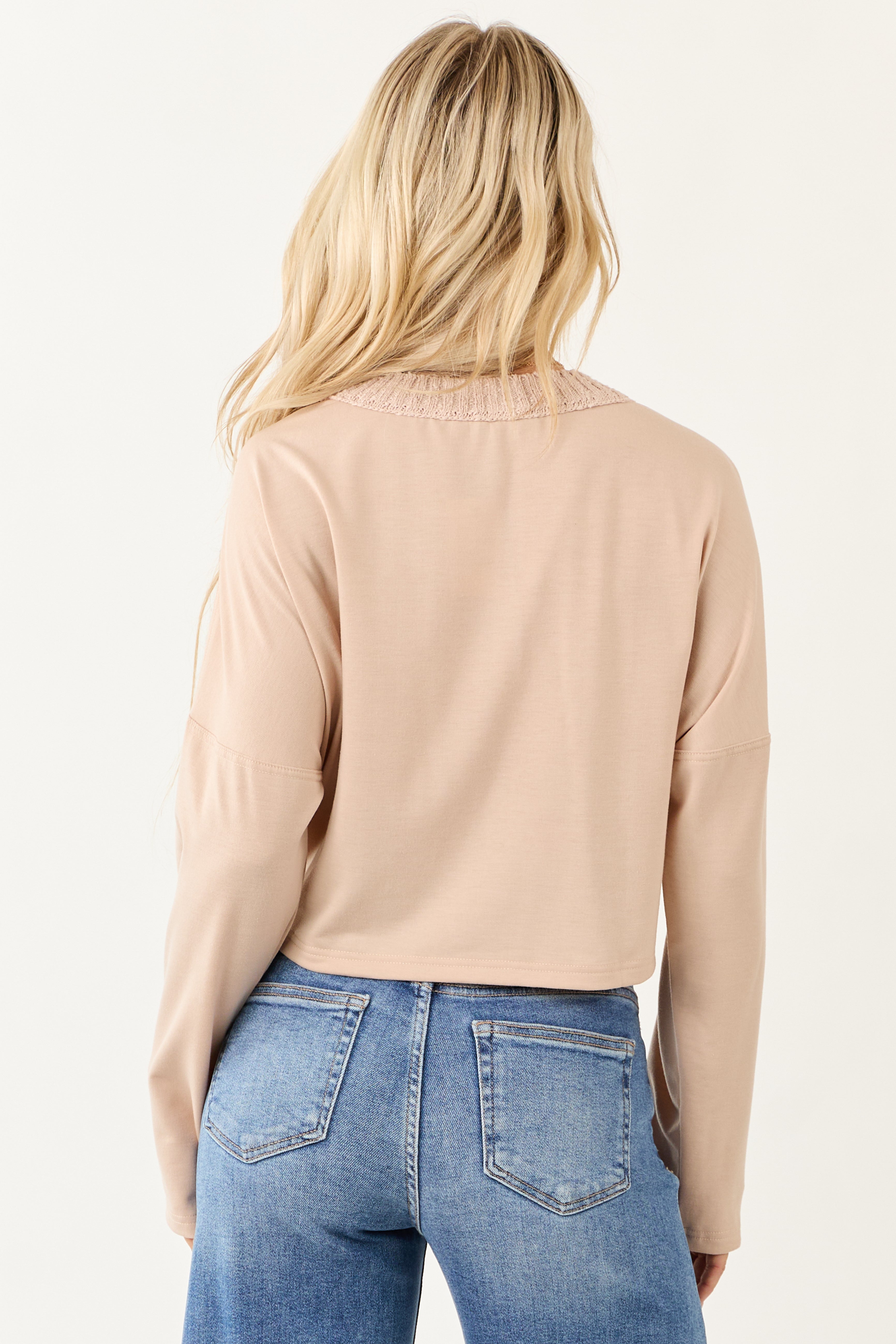 Dusty Blush Contrast Sleeve French Terry Knit Sweater