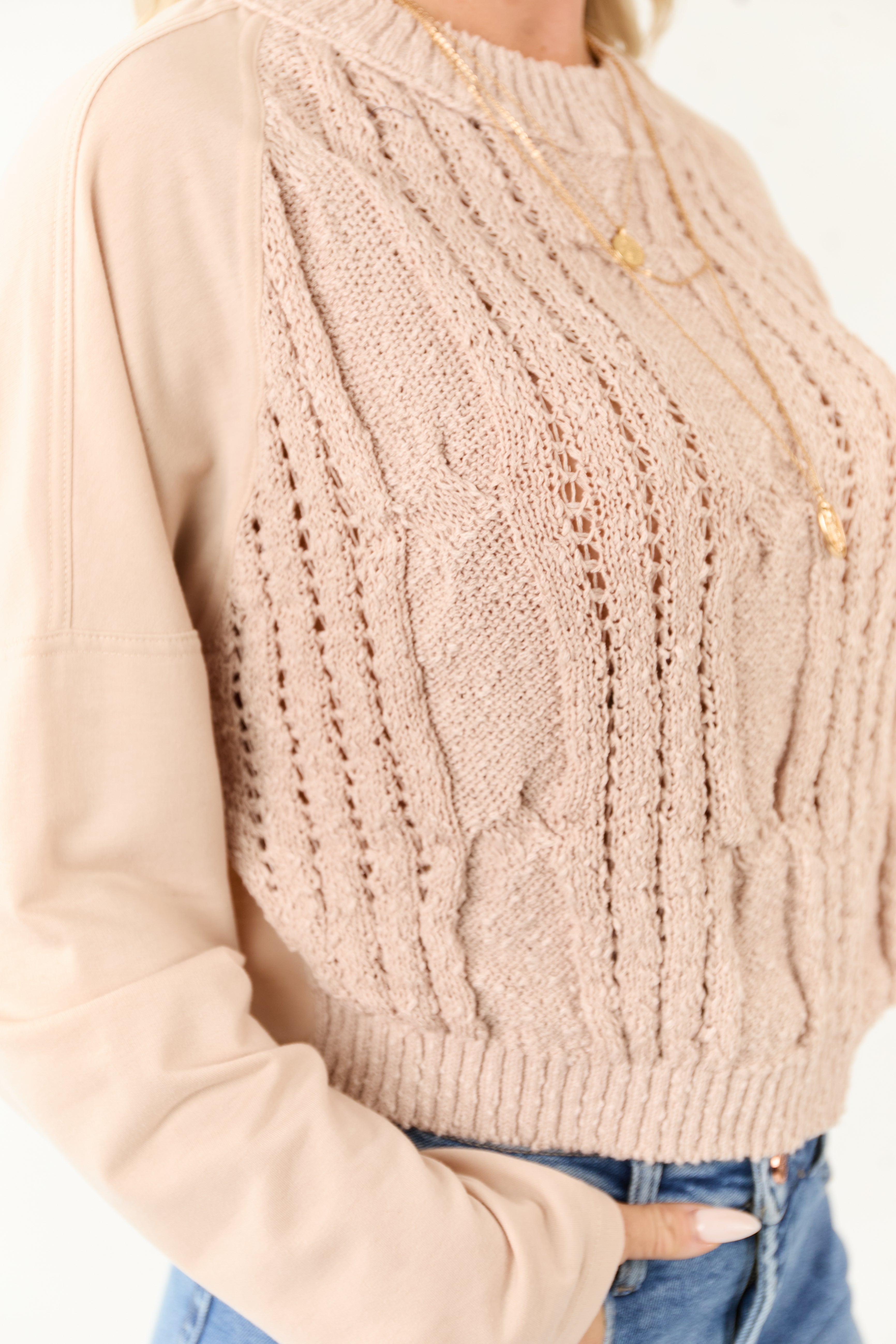 Dusty Blush Contrast Sleeve French Terry Knit Sweater