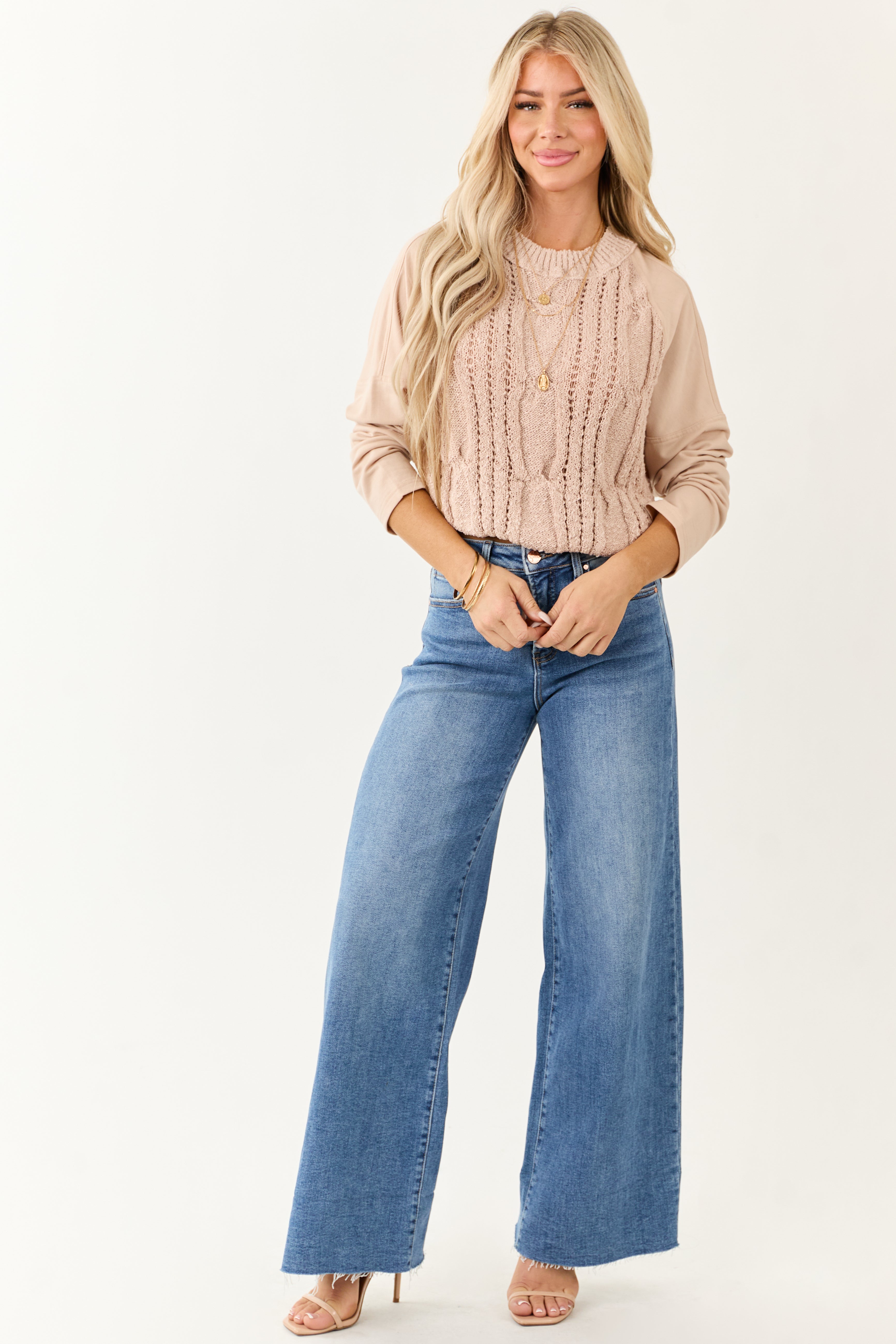 Dusty Blush Contrast Sleeve French Terry Knit Sweater