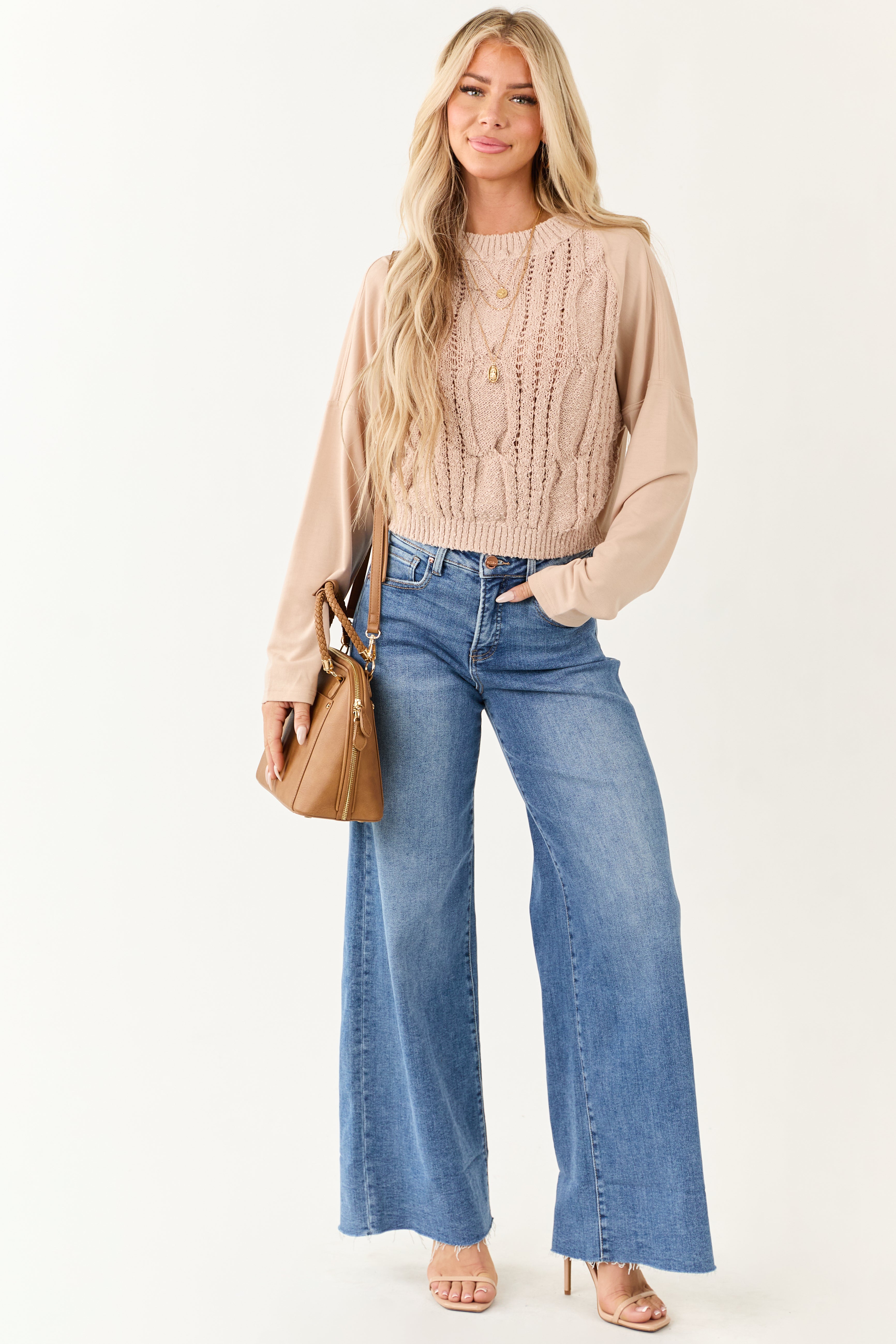 Dusty Blush Contrast Sleeve French Terry Knit Sweater