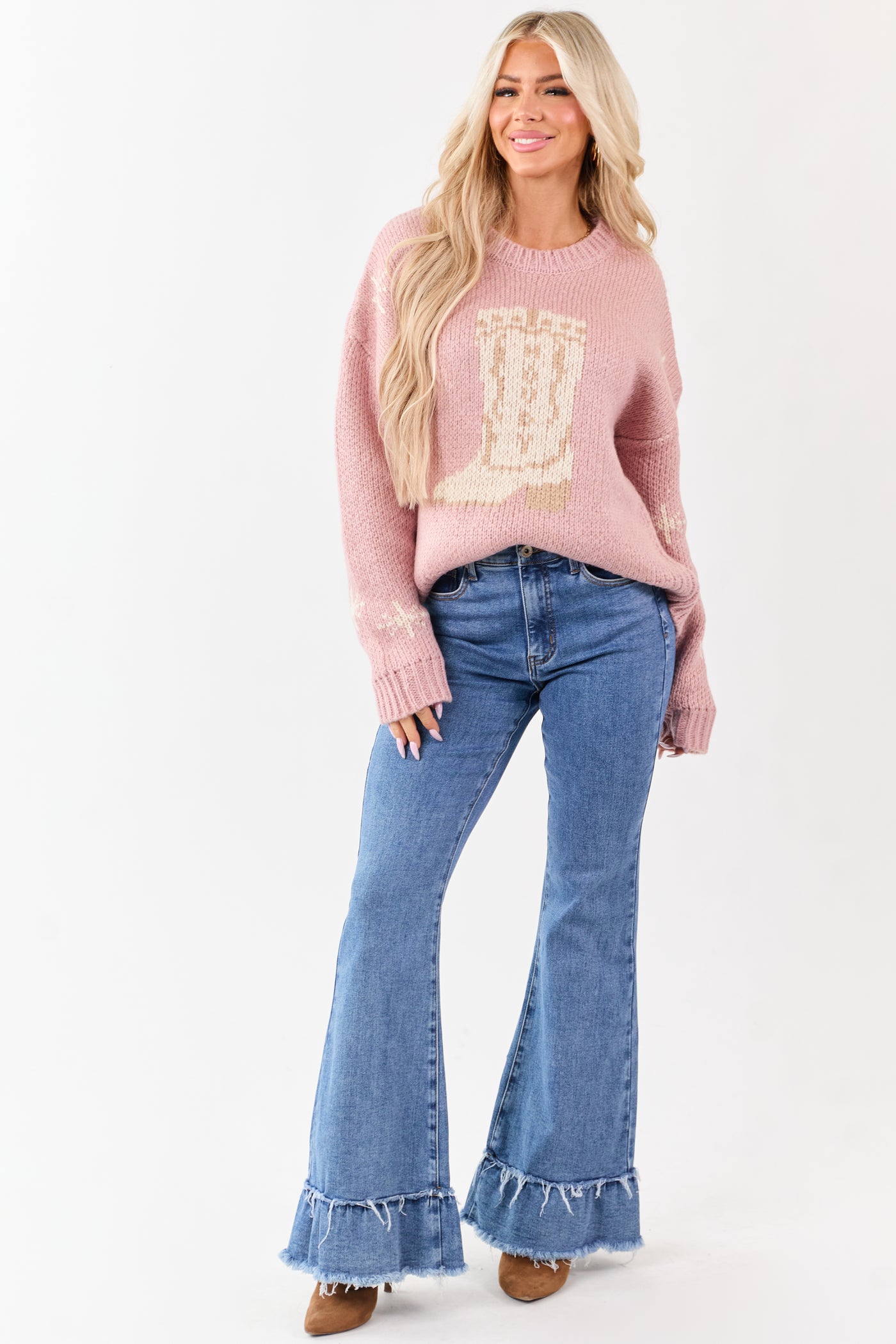 Dusty Blush Cowgirl Boot Graphic Sweater