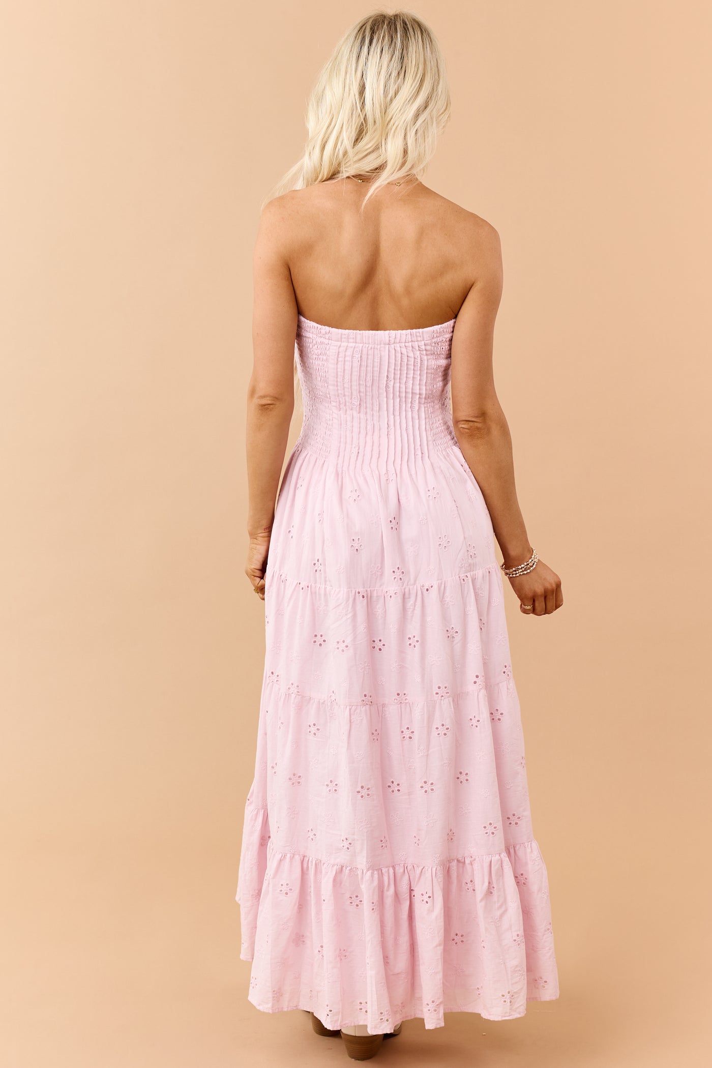 Dusty Blush Eyelet Cotton Pintuck Bodice Midi Dress