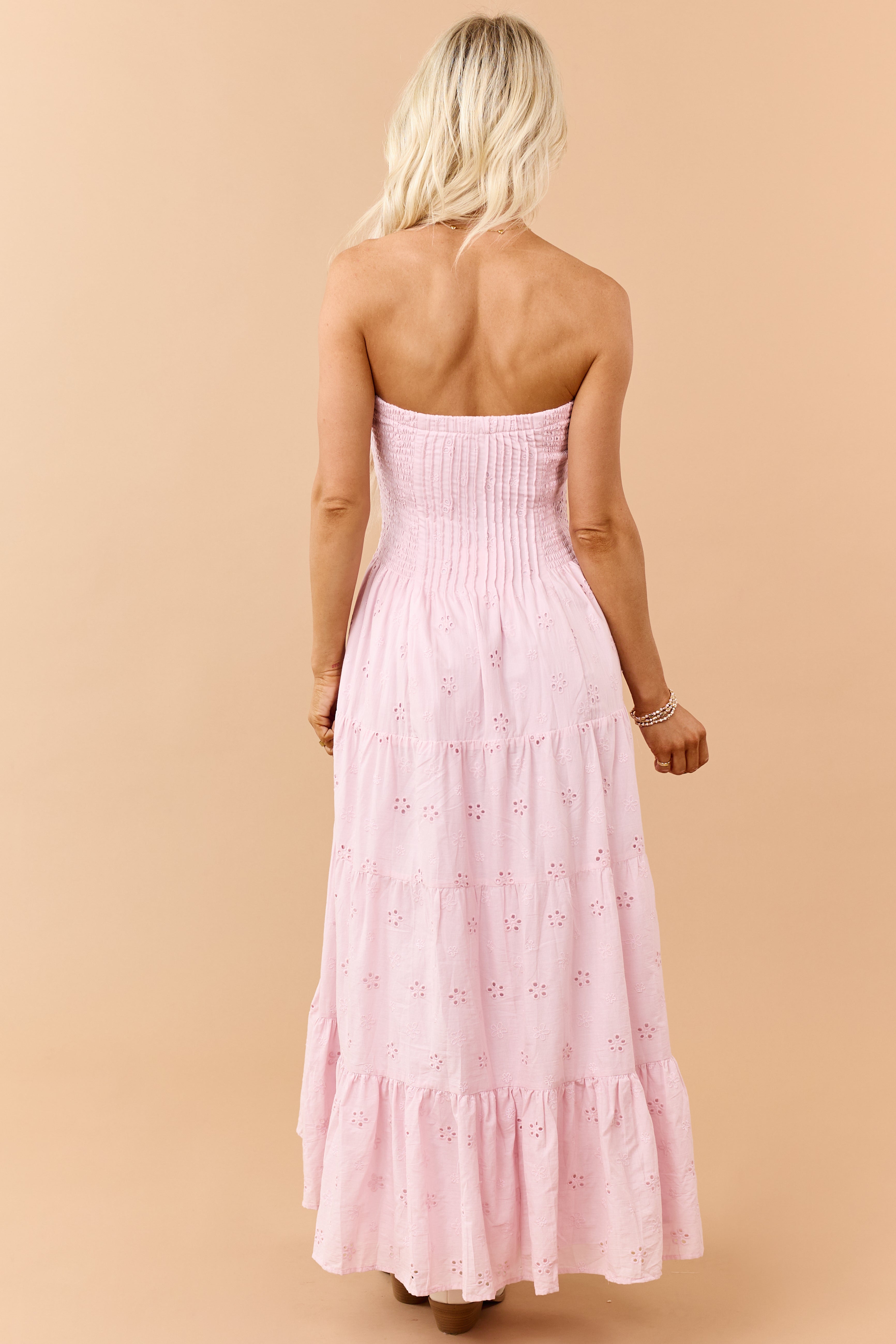 Dusty Blush Eyelet Cotton Pintuck Bodice Midi Dress