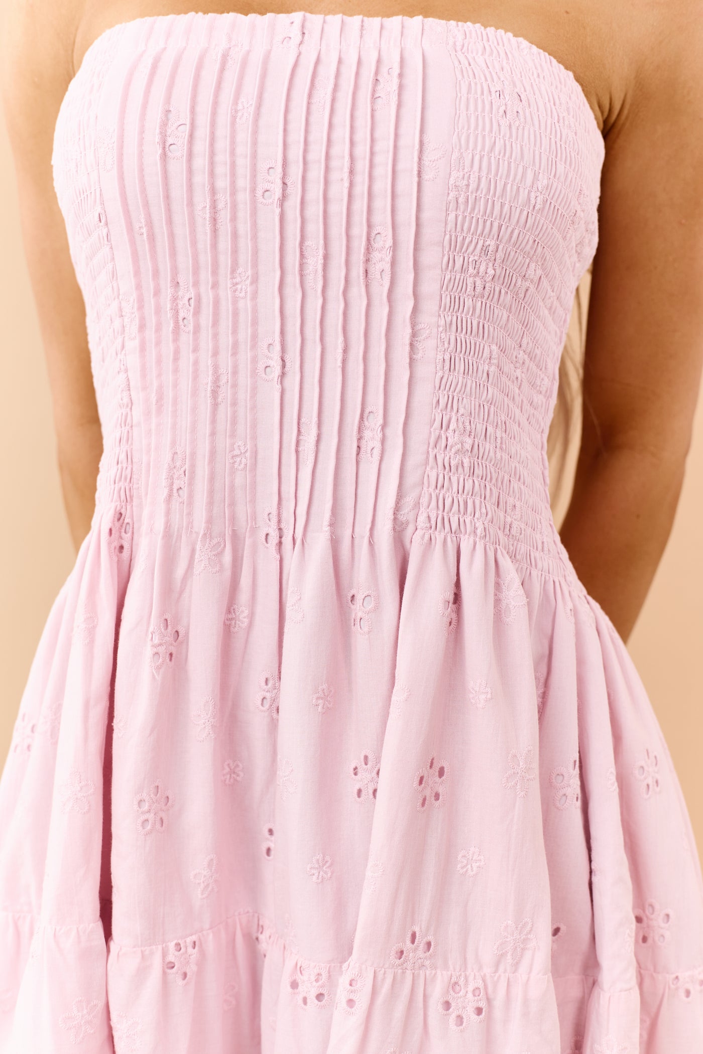 Dusty Blush Eyelet Cotton Pintuck Bodice Midi Dress
