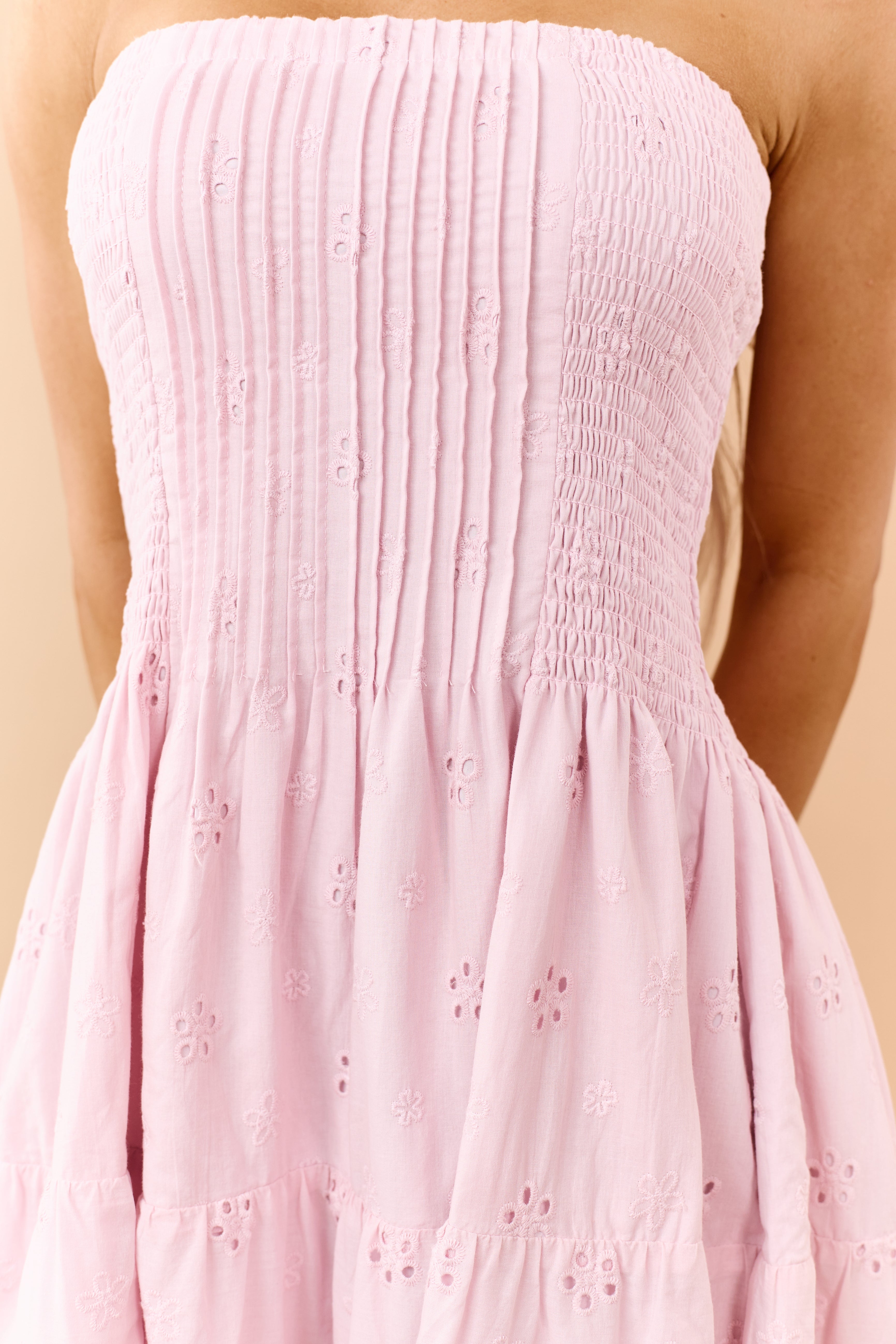 Dusty Blush Eyelet Cotton Pintuck Bodice Midi Dress