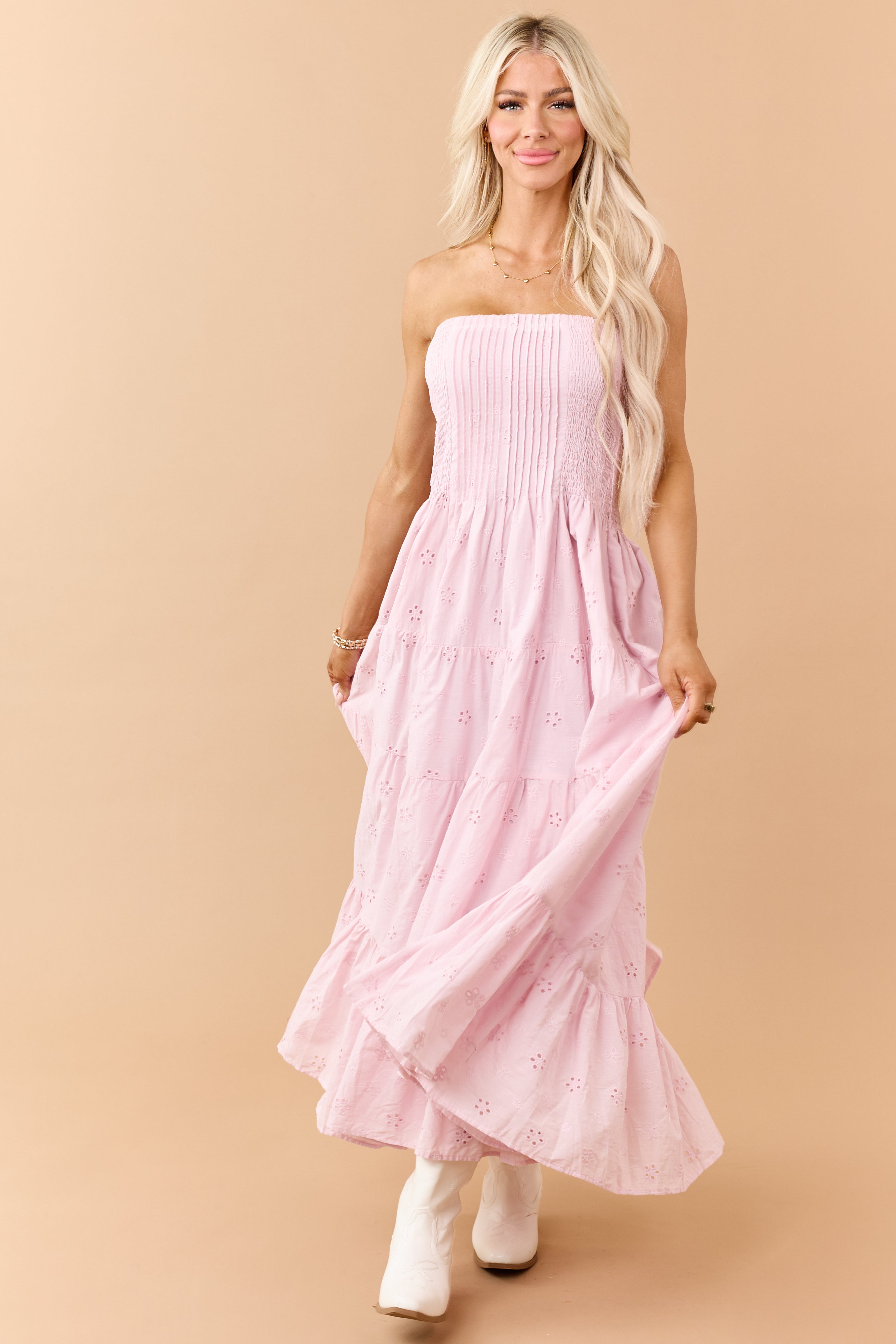 Dusty Blush Eyelet Cotton Pintuck Bodice Midi Dress