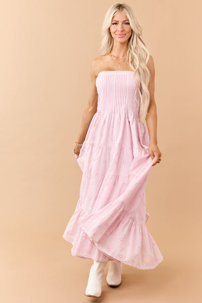 Dusty Blush Eyelet Cotton Pintuck Bodice Midi Dress